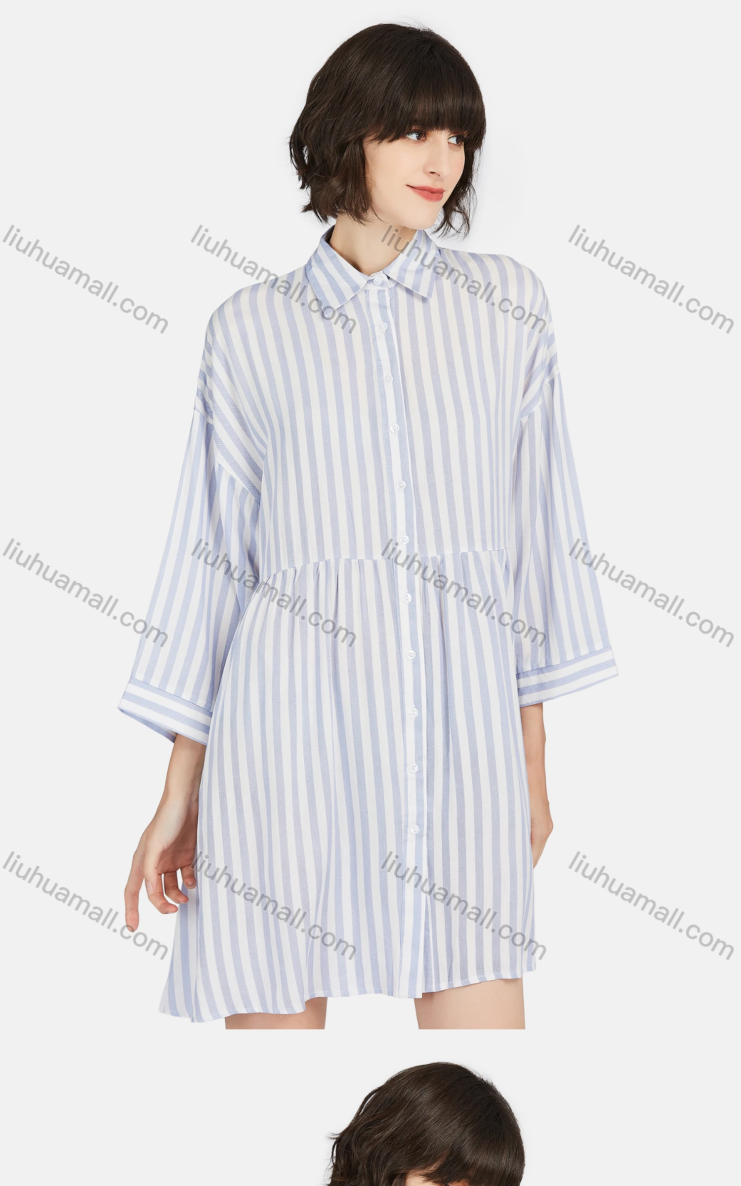 Wholesale Women's Casual 3/4 Sleeve Collared Button Down Striped Shirt Dress - Liuhuamall