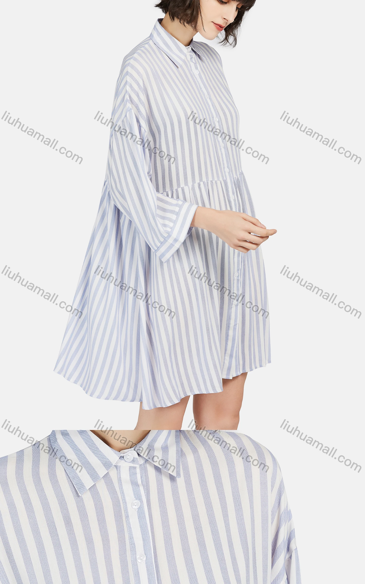 Wholesale Women's Casual 3/4 Sleeve Collared Button Down Striped Shirt Dress - Liuhuamall