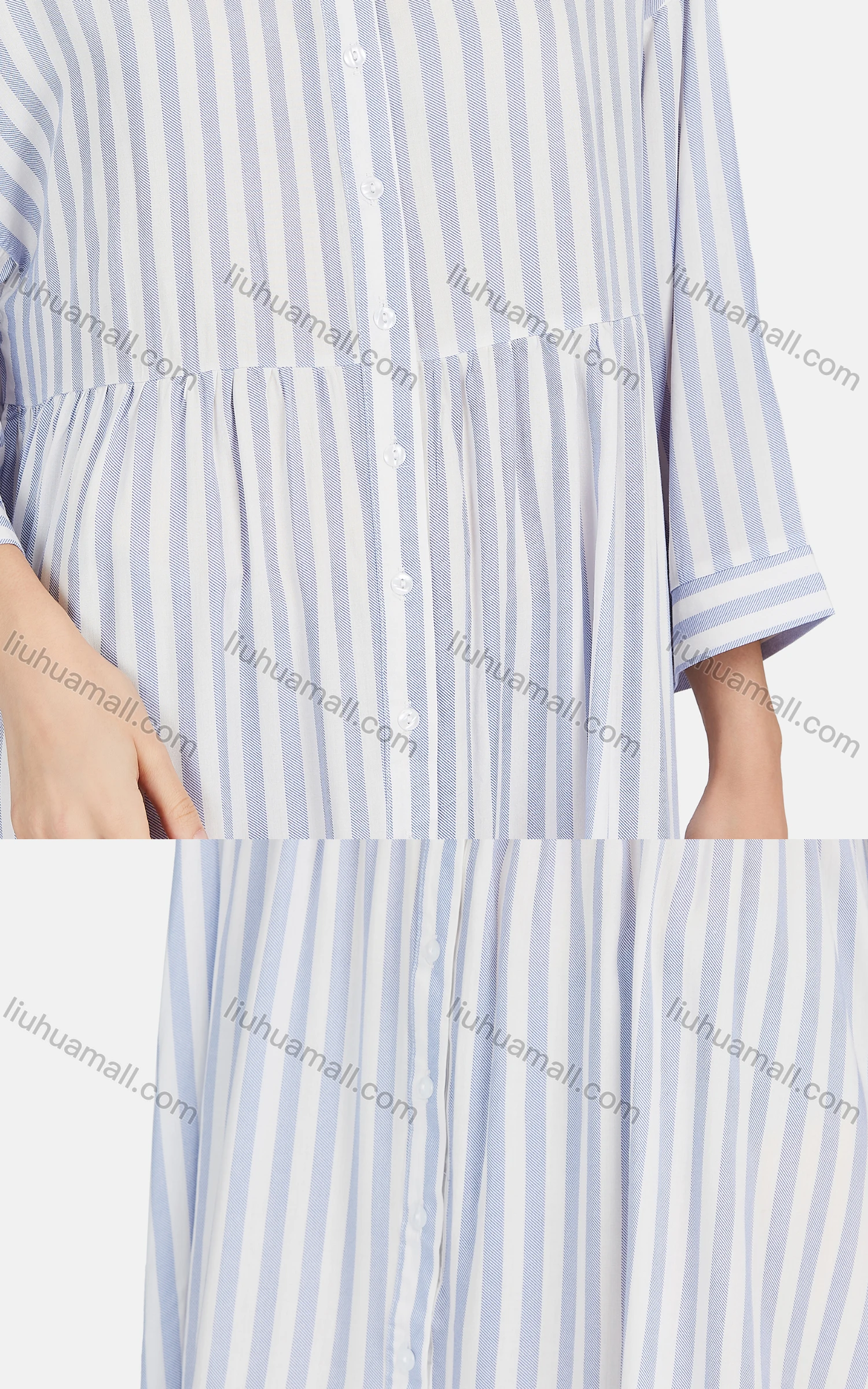 Wholesale Women's Casual 3/4 Sleeve Collared Button Down Striped Shirt Dress - Liuhuamall