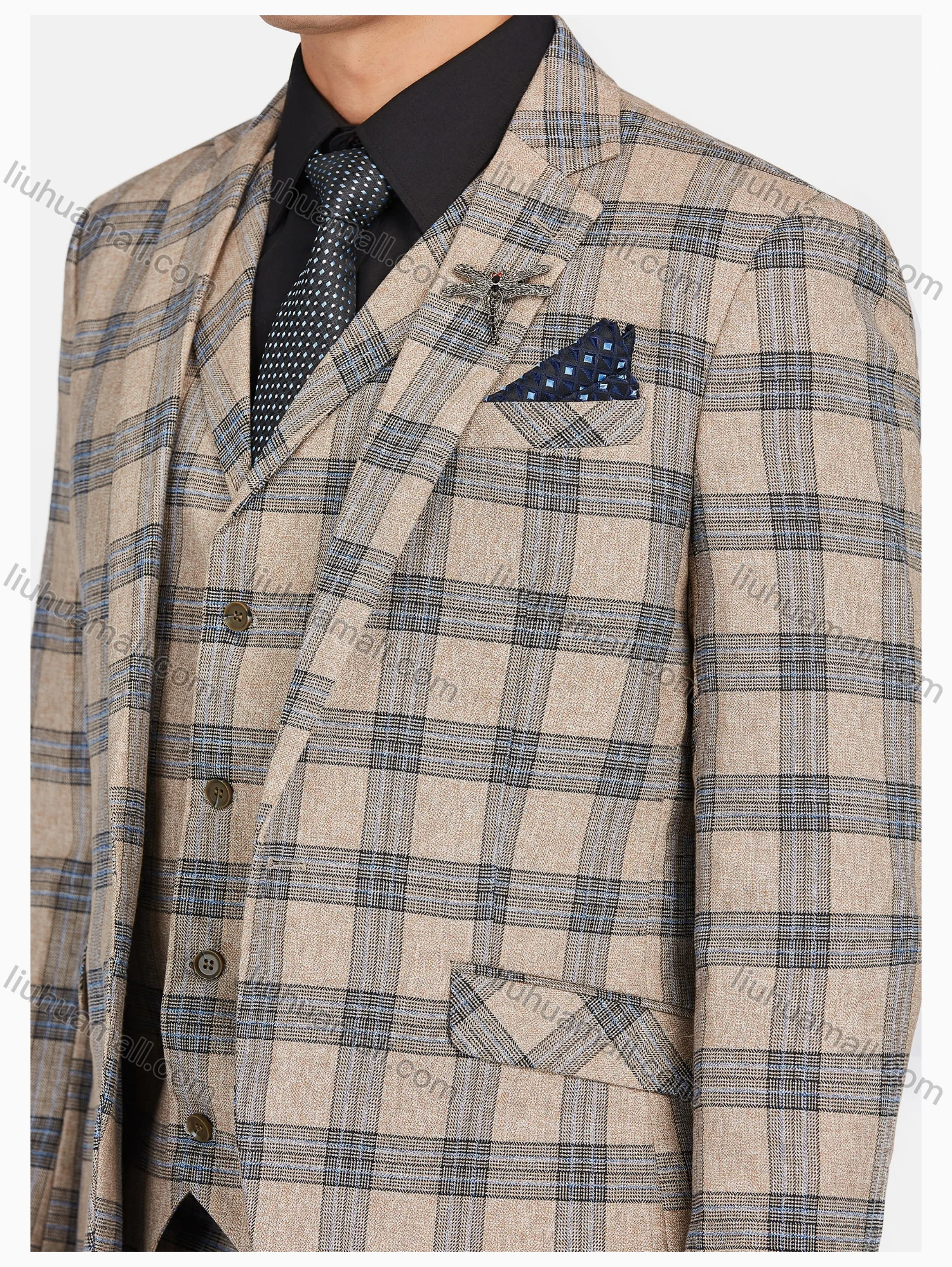 Wholesale Men's Formal Lapel Plaid Pockets Blazer & Waistcoat & Pant 3 Pieces Suit Sets - Liuhuamall