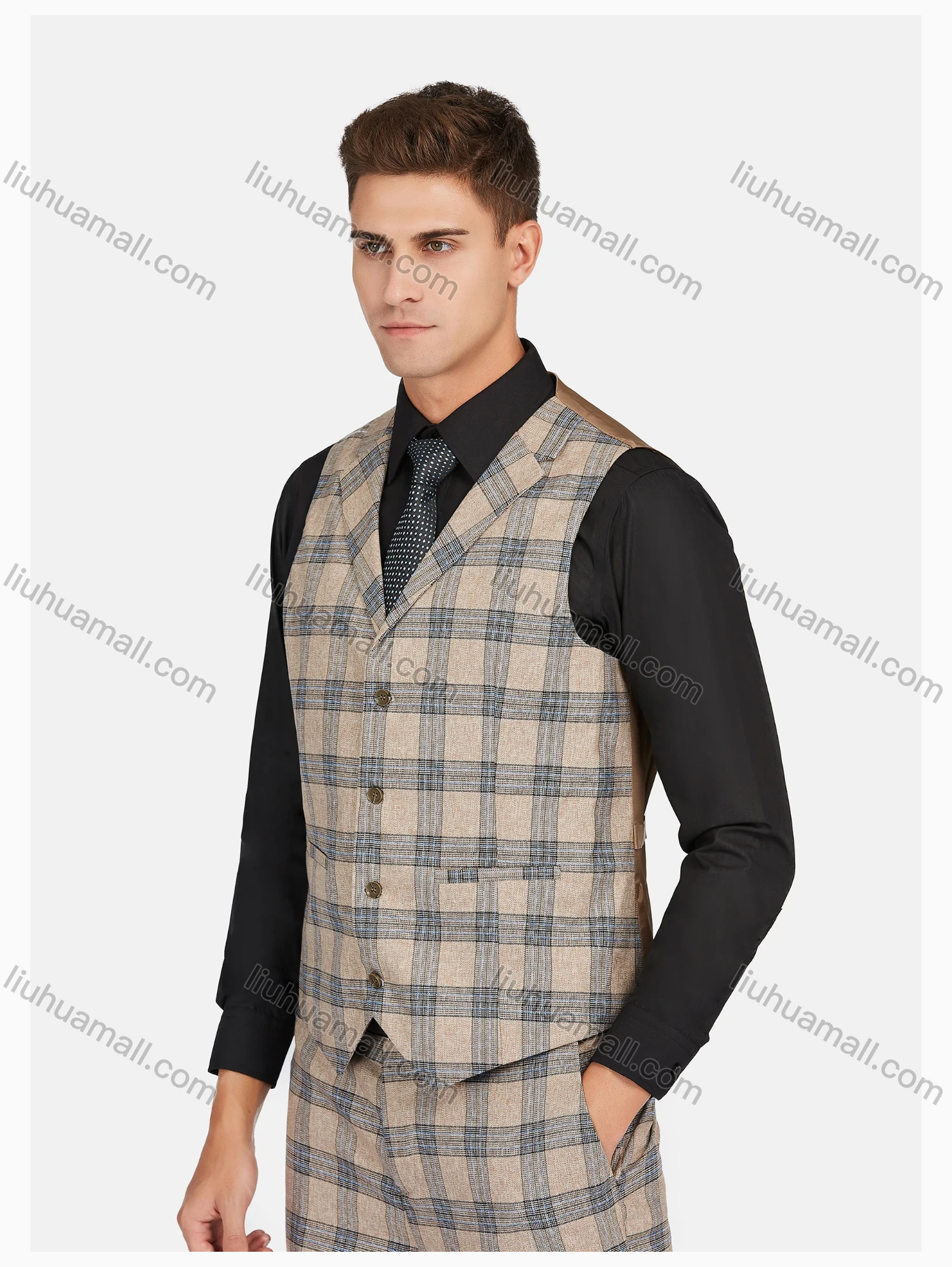 Wholesale Men's Formal Lapel Plaid Pockets Blazer & Waistcoat & Pant 3 Pieces Suit Sets - Liuhuamall