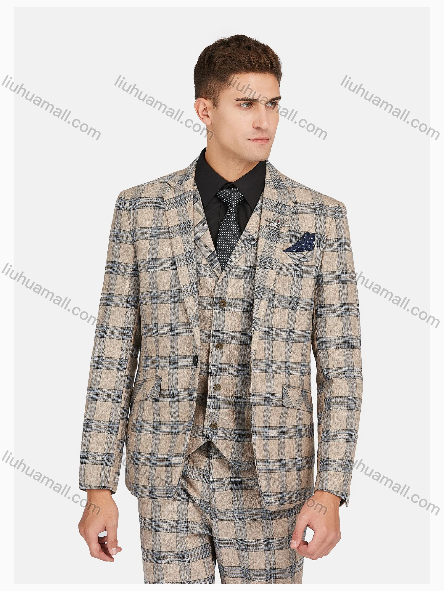 Wholesale Men's Formal Lapel Plaid Pockets Blazer & Waistcoat & Pant 3 Pieces Suit Sets - Liuhuamall