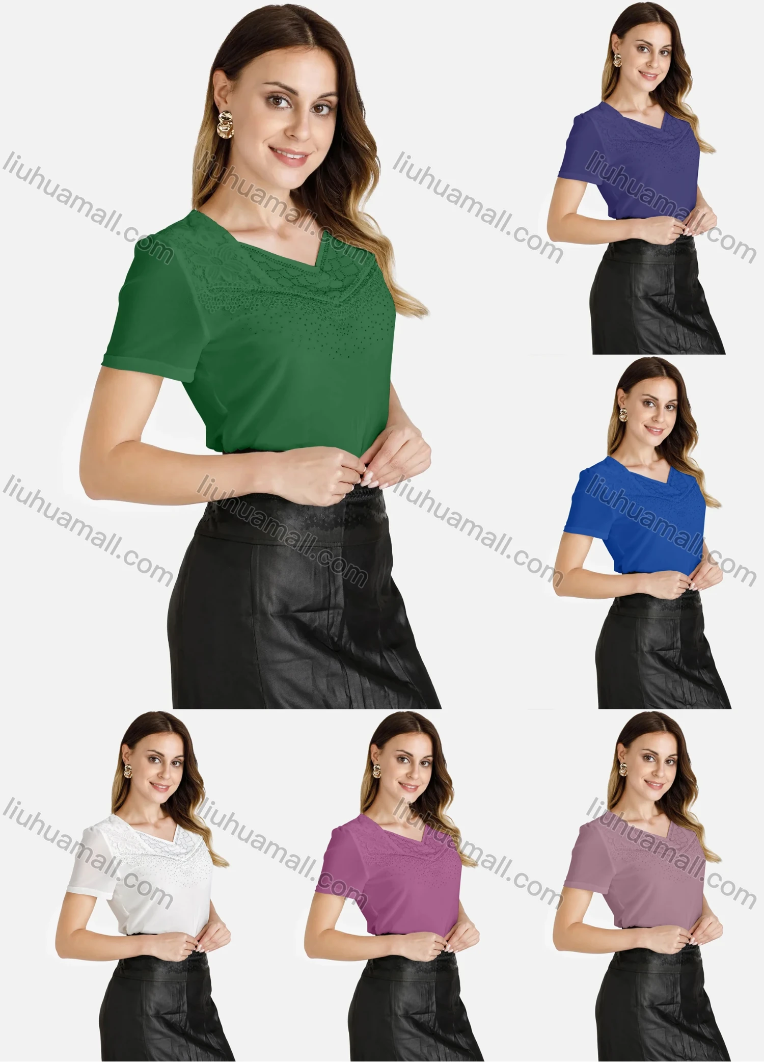 Wholesale Women's Casual V Neck Short Sleeve Ruffle Trim Beaded Blouse - Liuhuamall