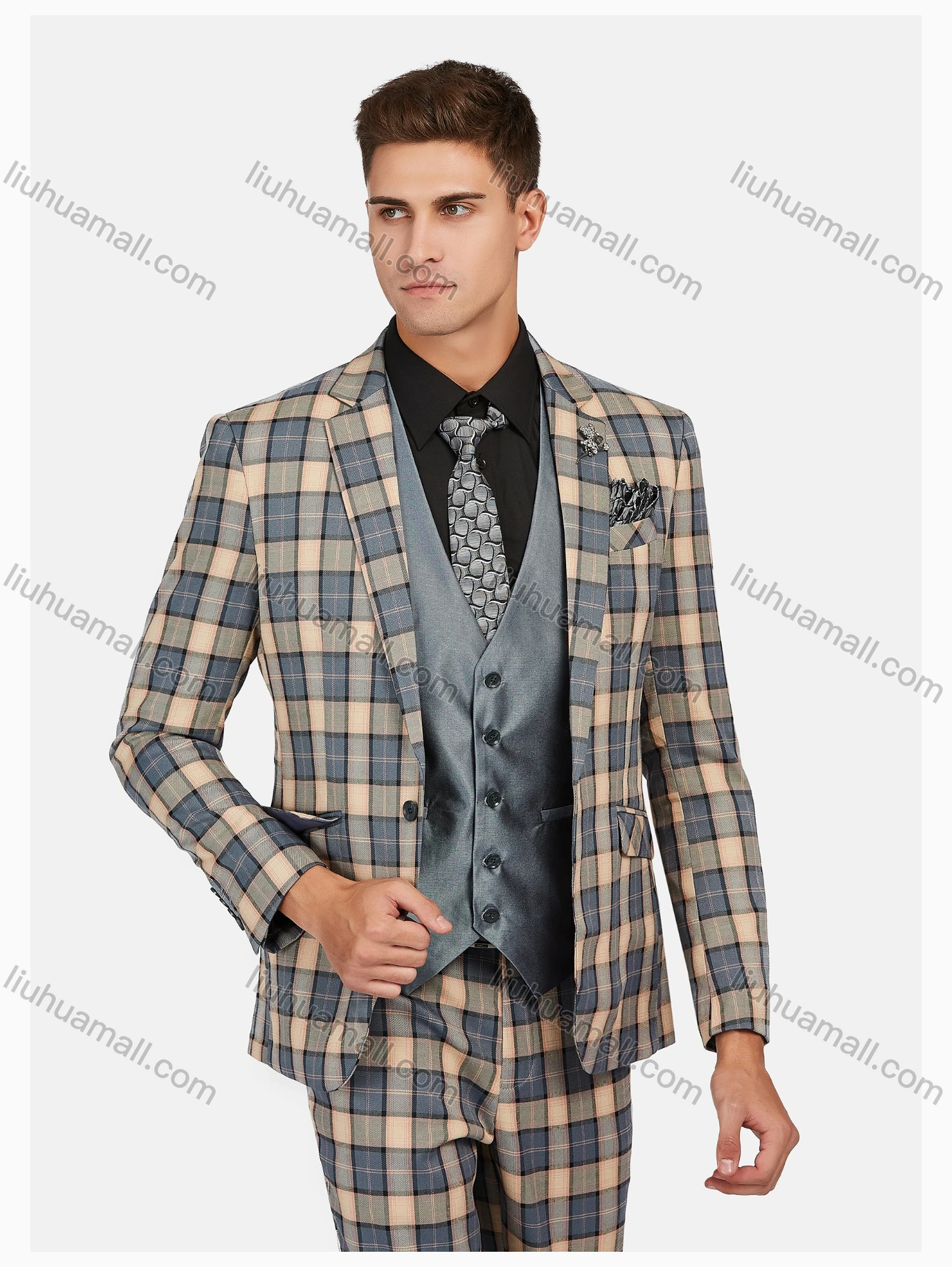 Wholesale Men's Formal Lapel Plaid Pockets Blazer & Waistcoat & Pant 3 Pieces Suit Sets - Liuhuamall