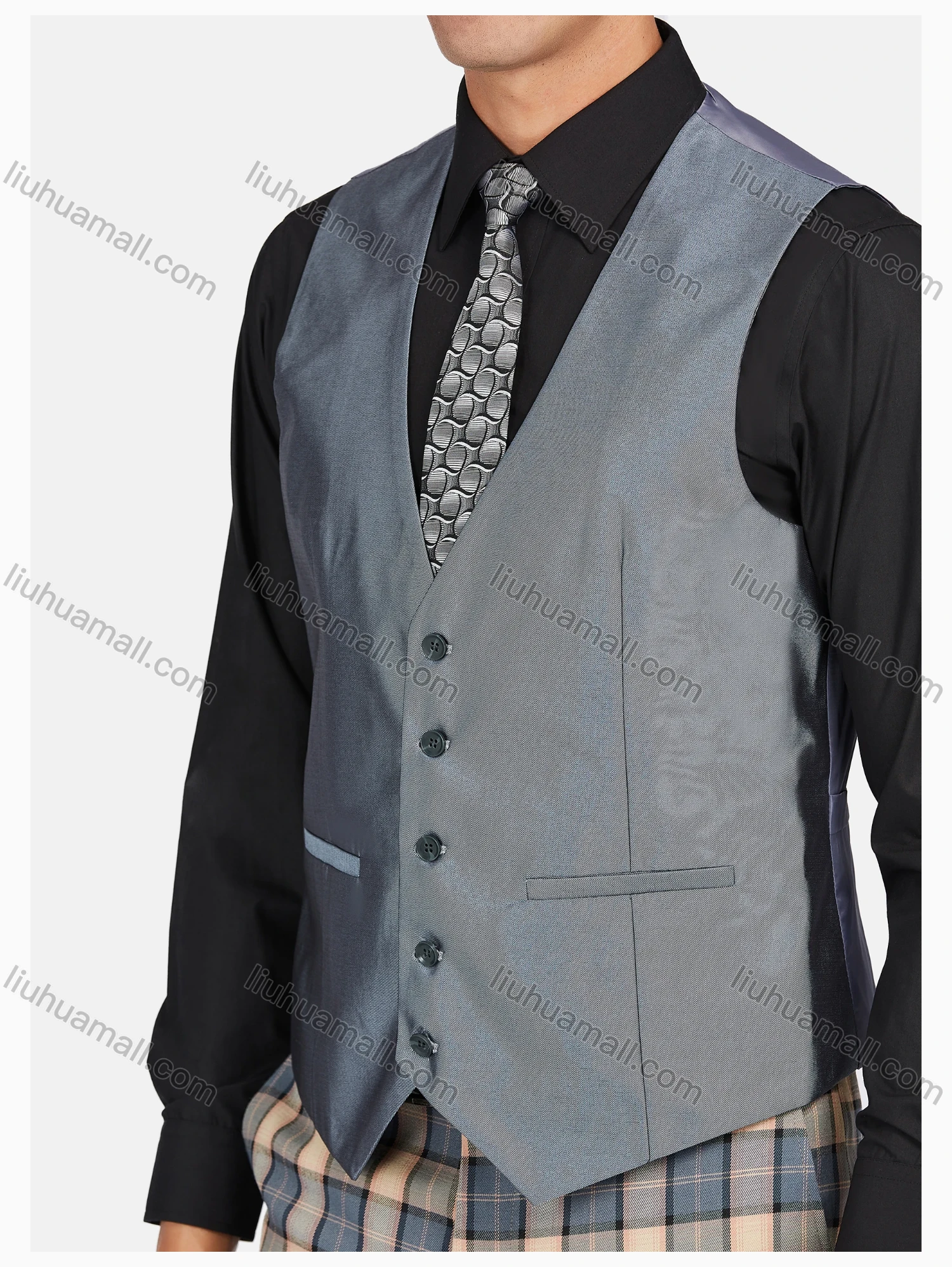 Wholesale Men's Formal Lapel Plaid Pockets Blazer & Waistcoat & Pant 3 Pieces Suit Sets - Liuhuamall
