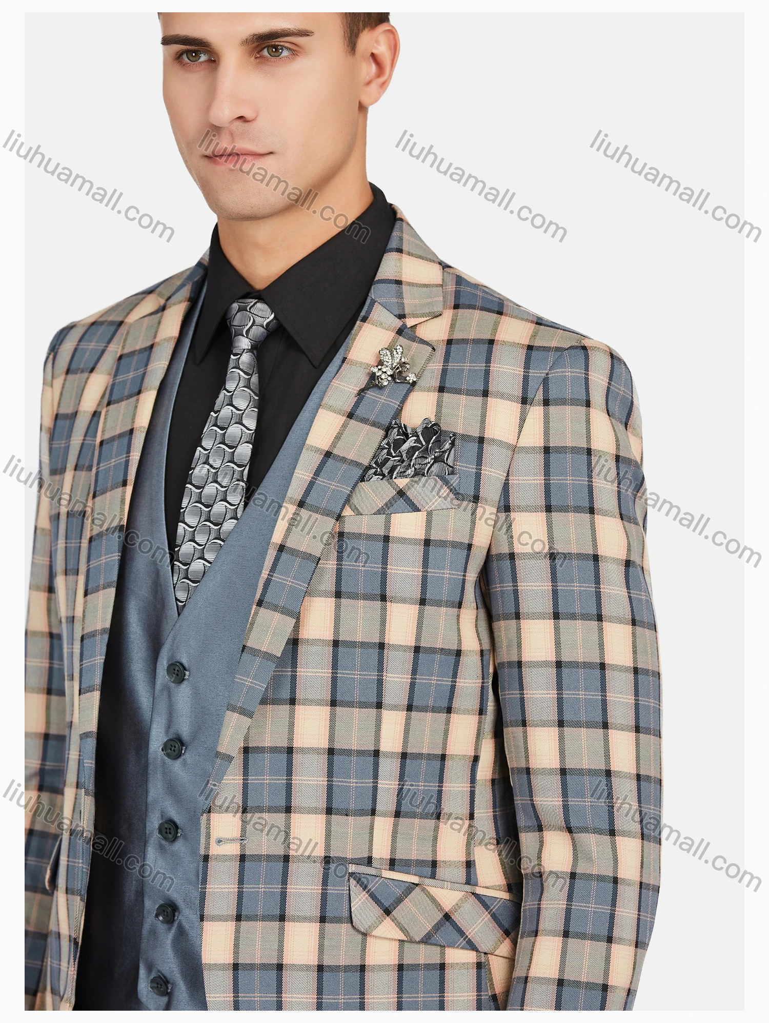 Wholesale Men's Formal Lapel Plaid Pockets Blazer & Waistcoat & Pant 3 Pieces Suit Sets - Liuhuamall