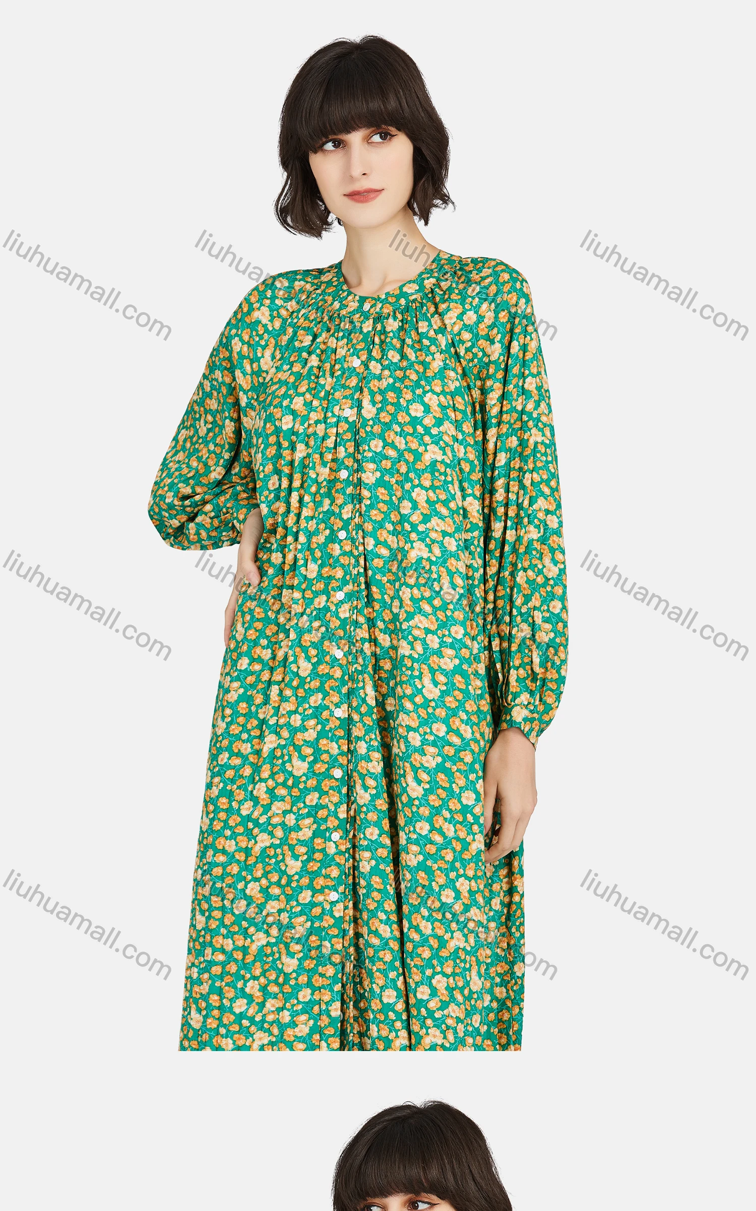 Wholesale Women's Elegant Crew Neck Lantern Sleeve Ruched Floral Print Dress - Liuhuamall