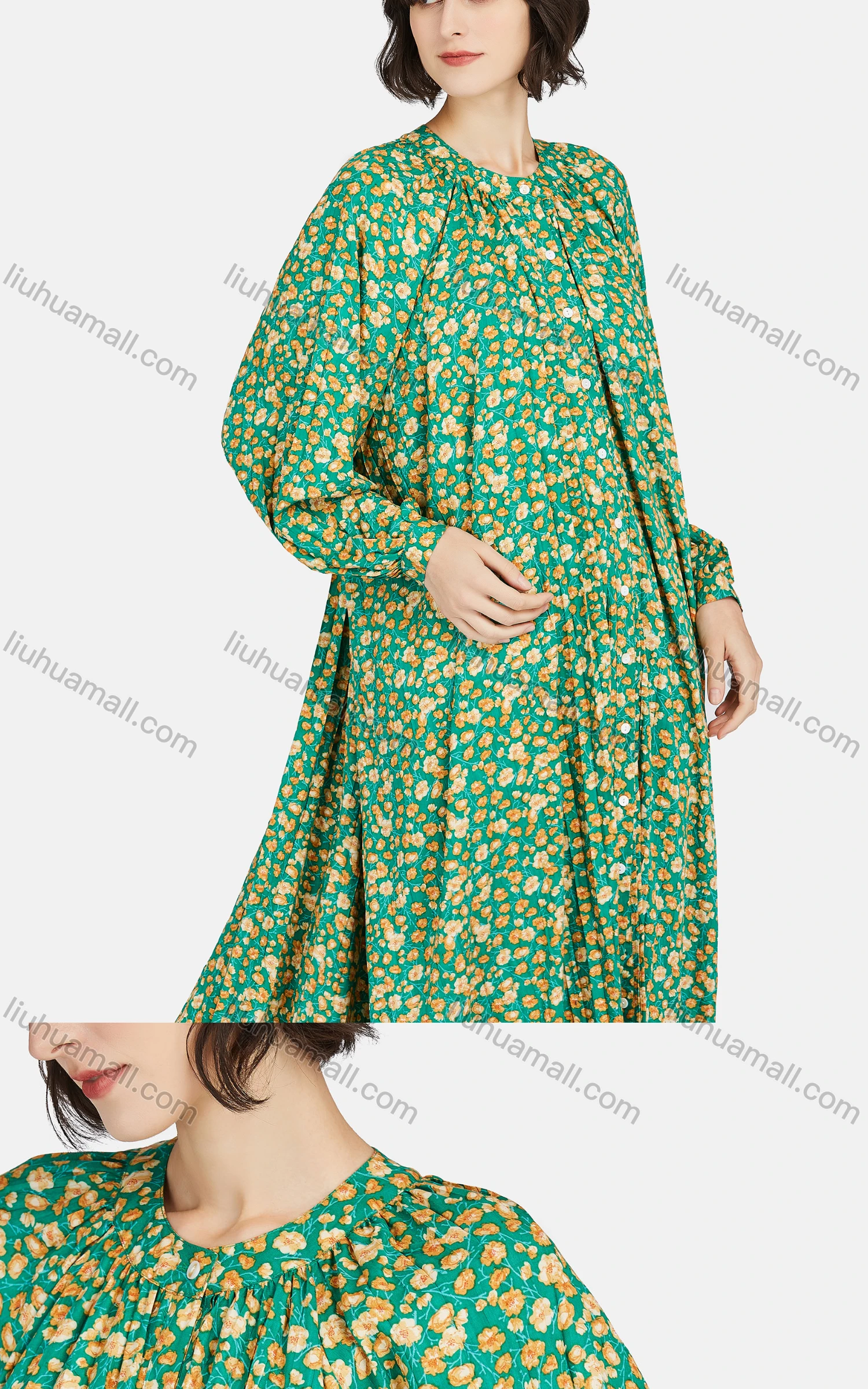 Wholesale Women's Elegant Crew Neck Lantern Sleeve Ruched Floral Print Dress - Liuhuamall