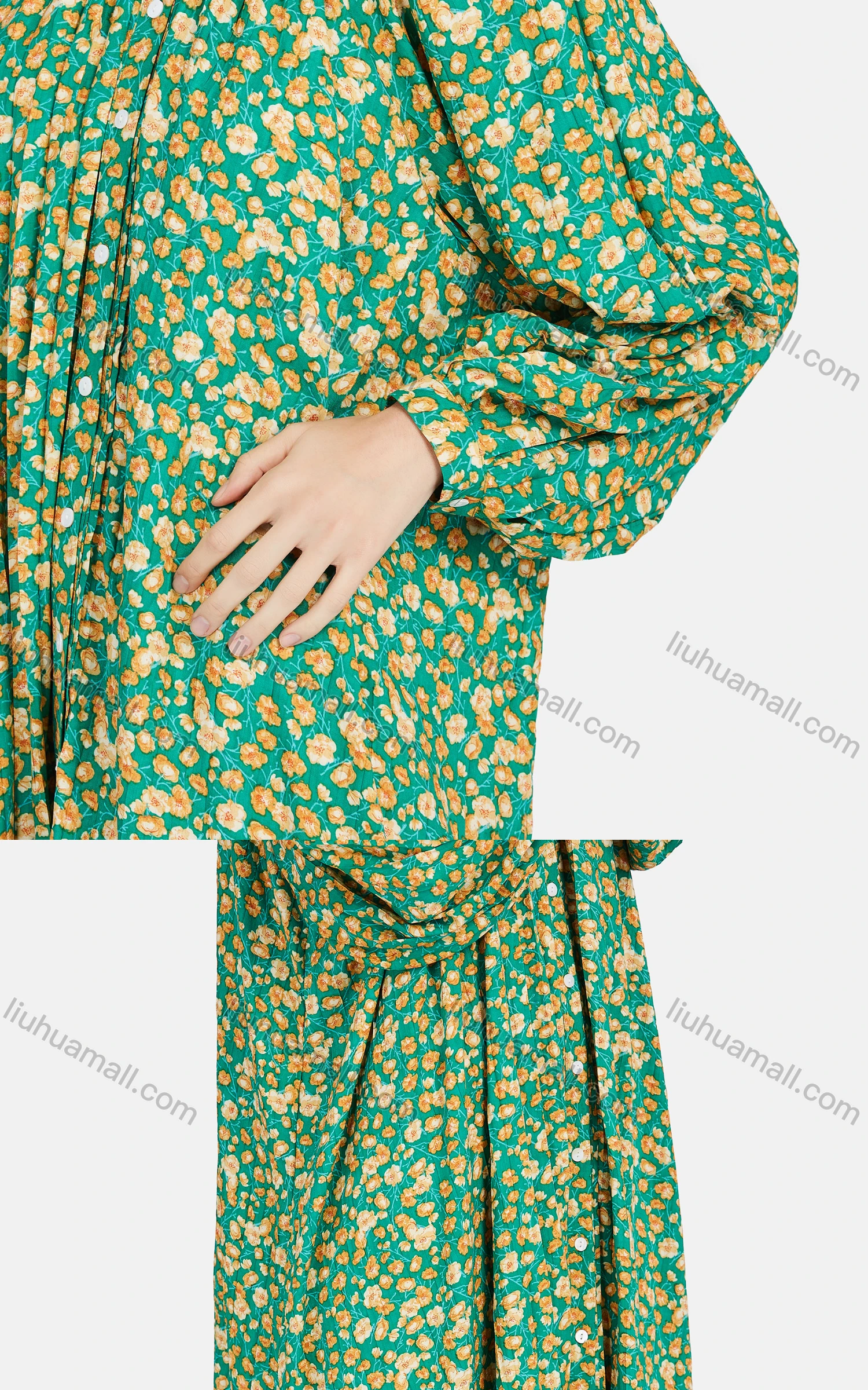 Wholesale Women's Elegant Crew Neck Lantern Sleeve Ruched Floral Print Dress - Liuhuamall