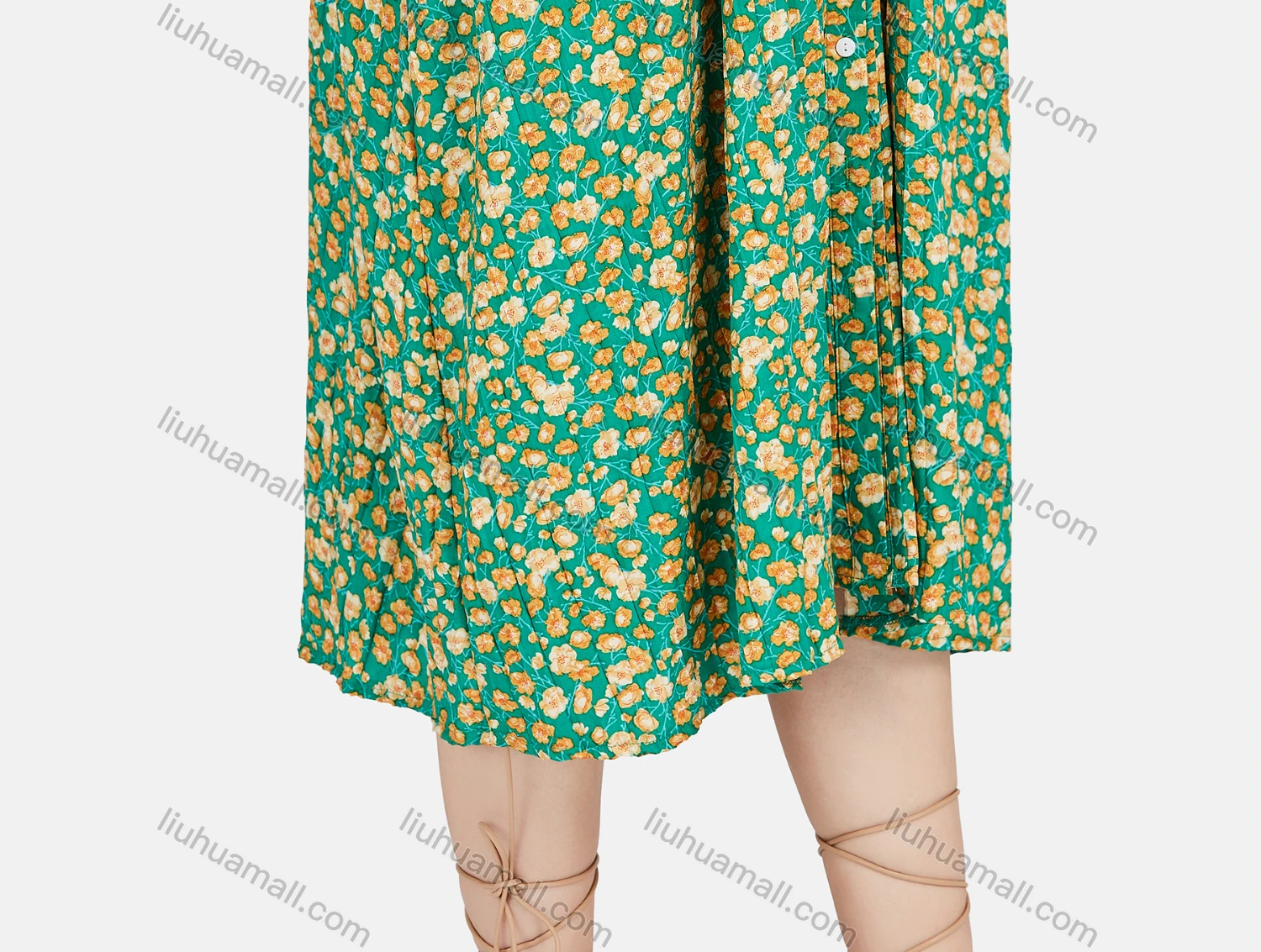 Wholesale Women's Elegant Crew Neck Lantern Sleeve Ruched Floral Print Dress - Liuhuamall