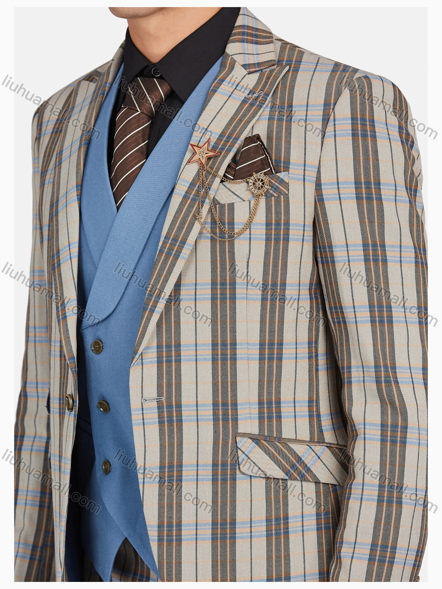 Wholesale Men's Formal Lapel Plaid Pockets Blazer & Waistcoat & Pant 3 Pieces Suit Sets - Liuhuamall