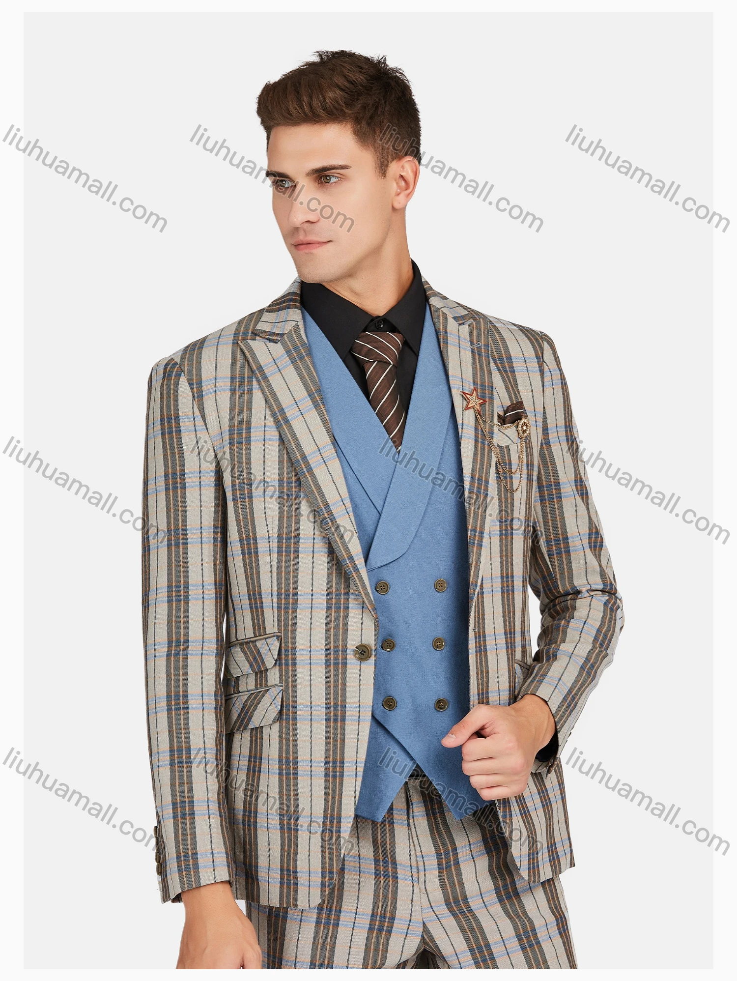 Wholesale Men's Formal Lapel Plaid Pockets Blazer & Waistcoat & Pant 3 Pieces Suit Sets - Liuhuamall