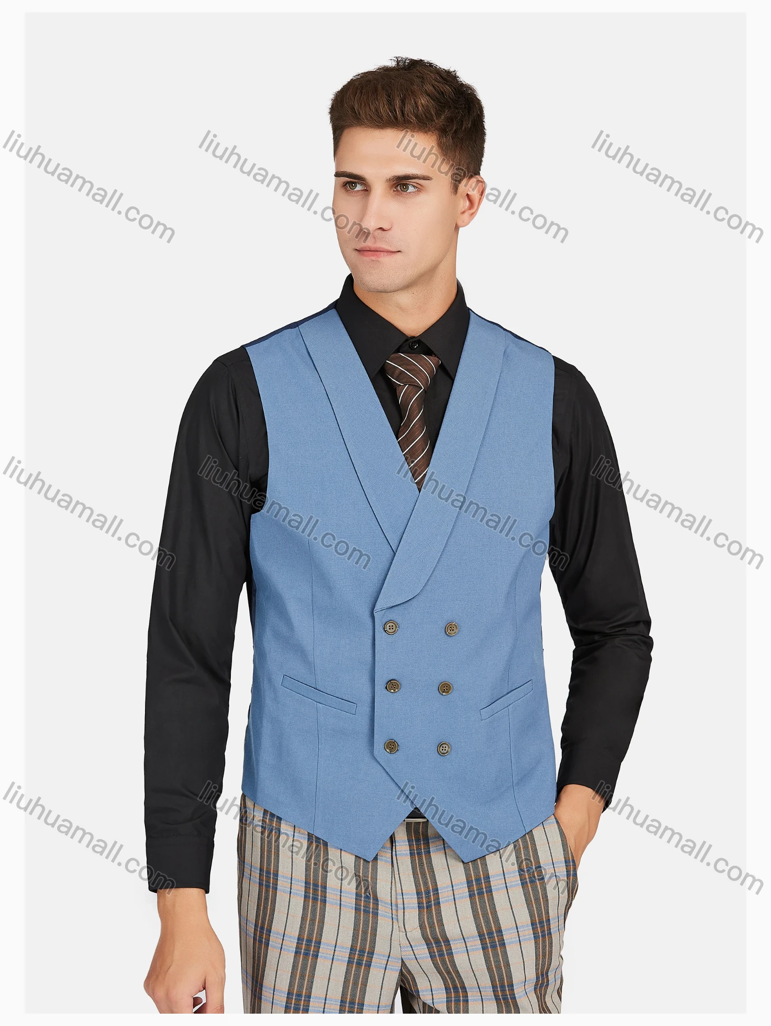 Wholesale Men's Formal Lapel Plaid Pockets Blazer & Waistcoat & Pant 3 Pieces Suit Sets - Liuhuamall