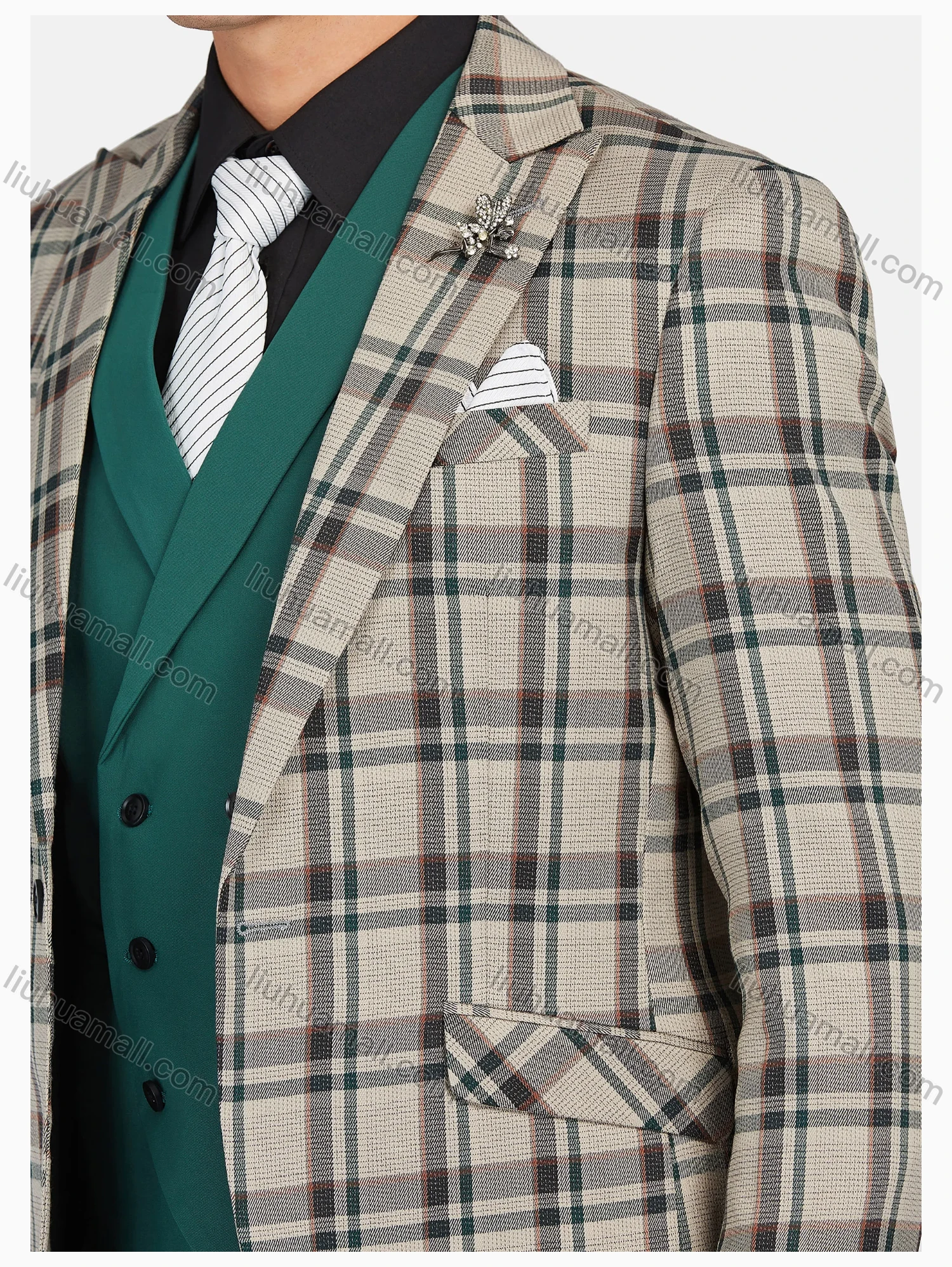 Wholesale Men's Formal Lapel Plaid Pockets Blazer & Waistcoat & Pant 3 Pieces Suit Sets - Liuhuamall