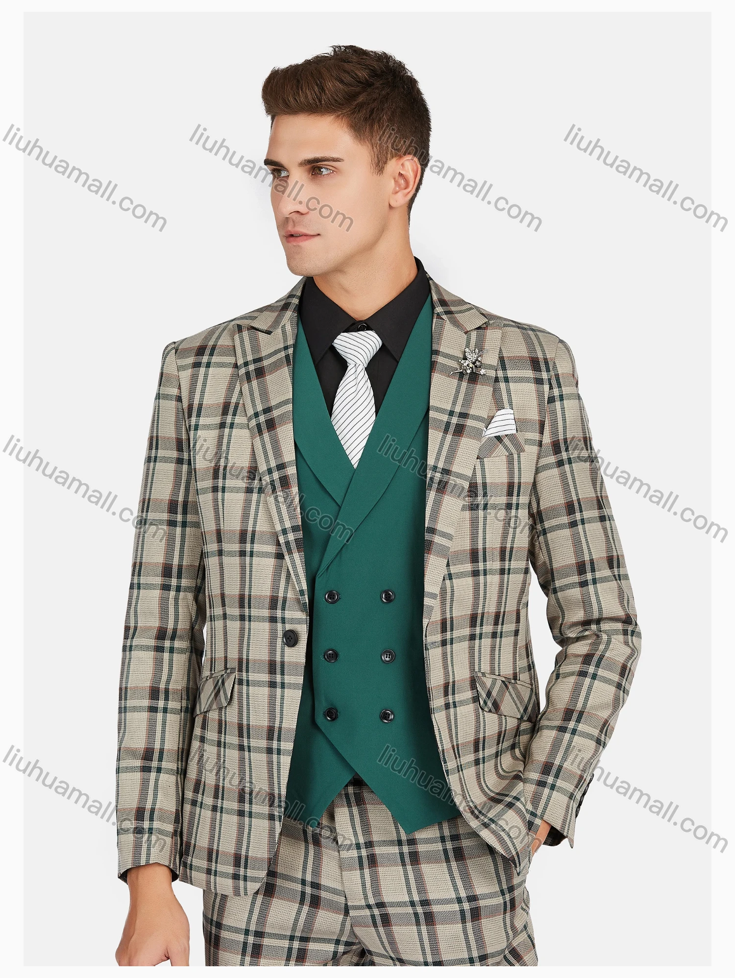 Wholesale Men's Formal Lapel Plaid Pockets Blazer & Waistcoat & Pant 3 Pieces Suit Sets - Liuhuamall