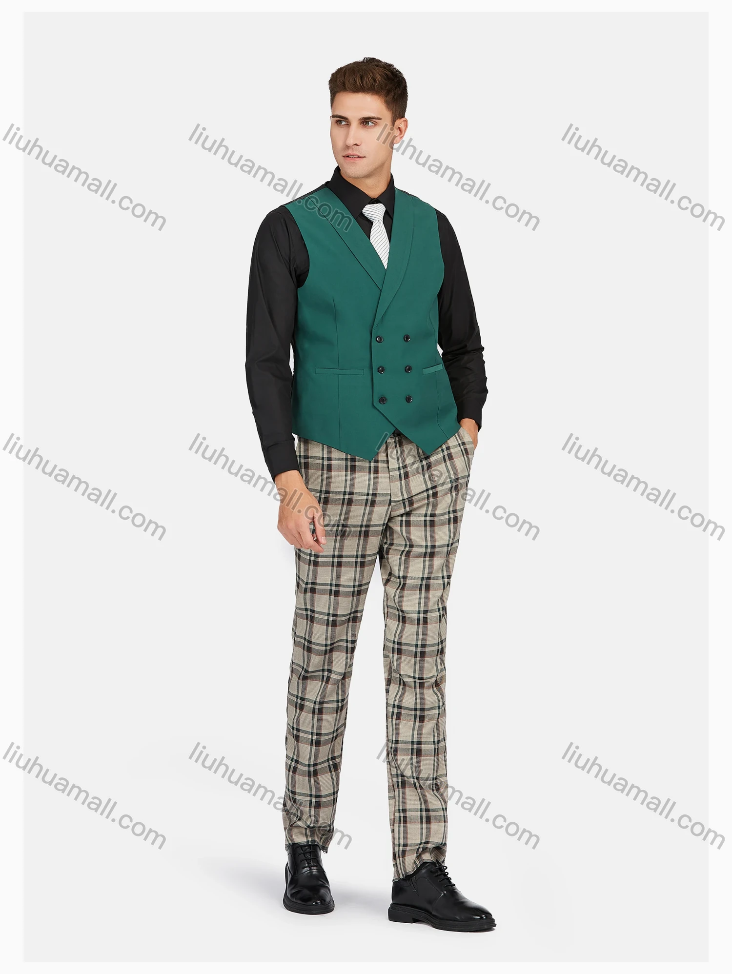 Wholesale Men's Formal Lapel Plaid Pockets Blazer & Waistcoat & Pant 3 Pieces Suit Sets - Liuhuamall