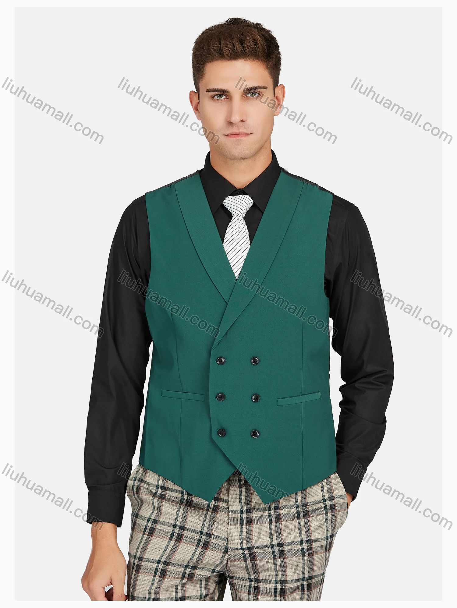 Wholesale Men's Formal Lapel Plaid Pockets Blazer & Waistcoat & Pant 3 Pieces Suit Sets - Liuhuamall