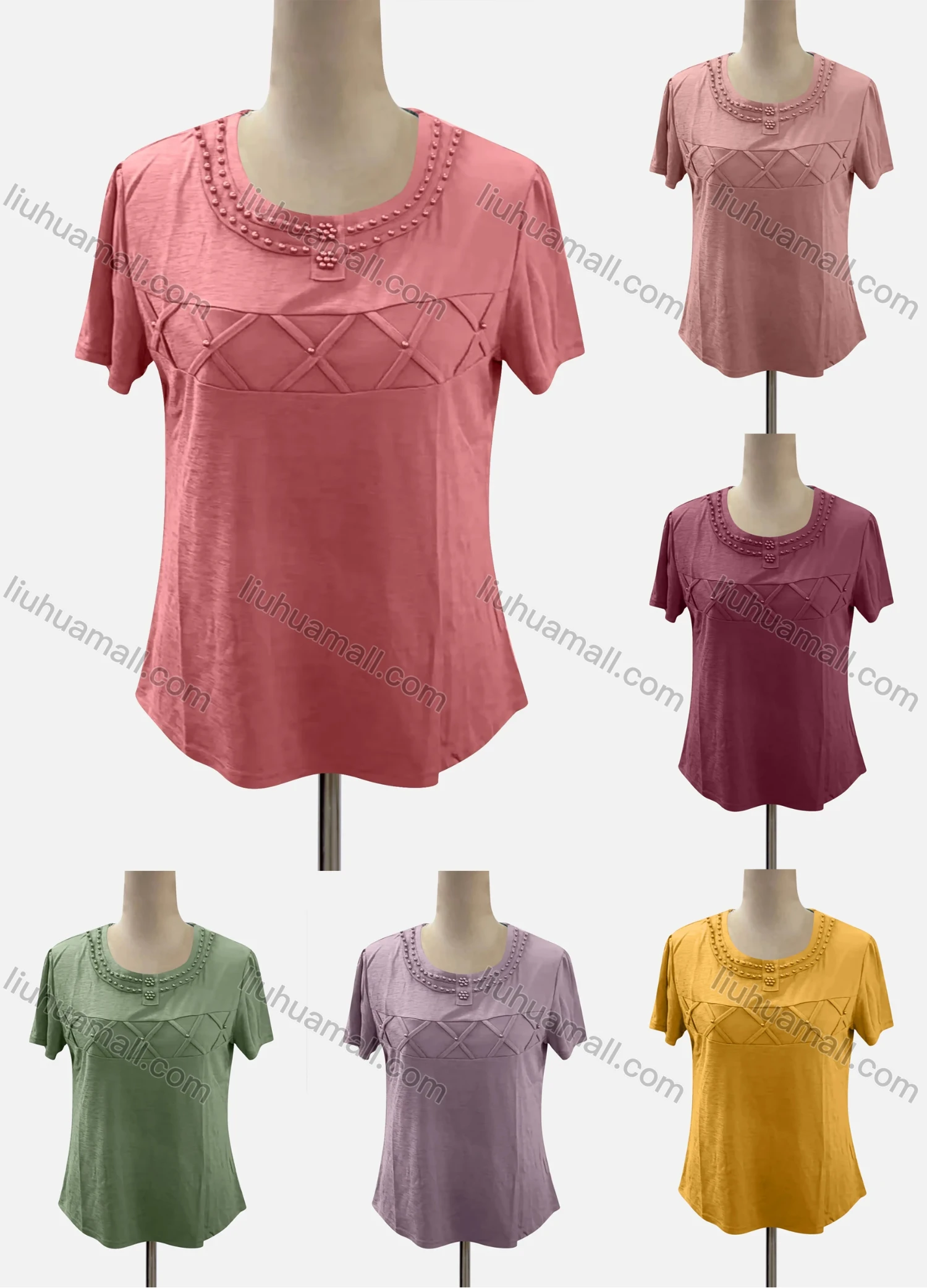 Wholesale Women's Casual Crew Neck Short Sleeve Criss Cross Beaded Blouse - Liuhuamall