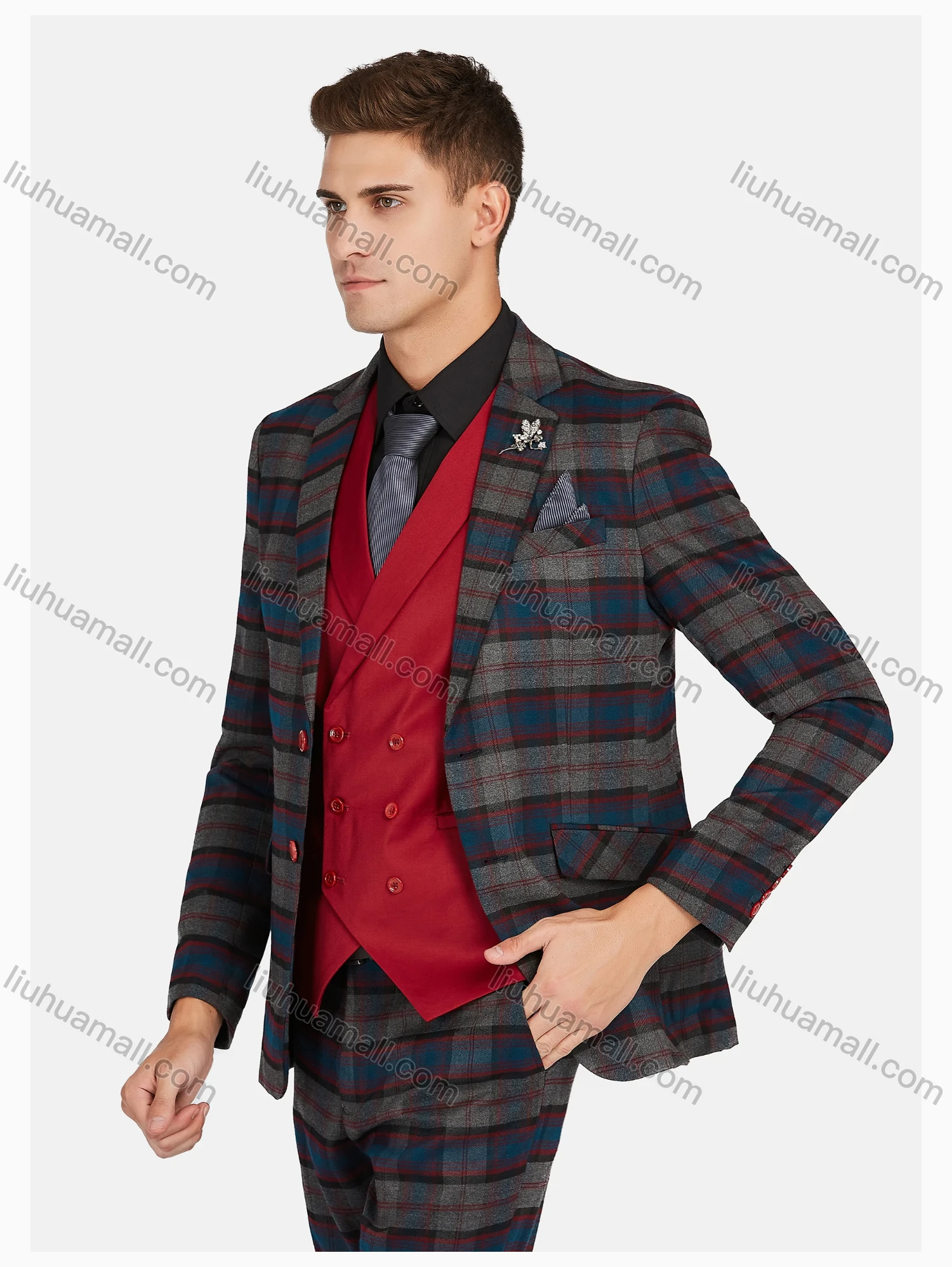 Wholesale Men's Formal Lapel Plaid Pockets Blazer & Waistcoat & Pant 3 Pieces Suit Sets - Liuhuamall