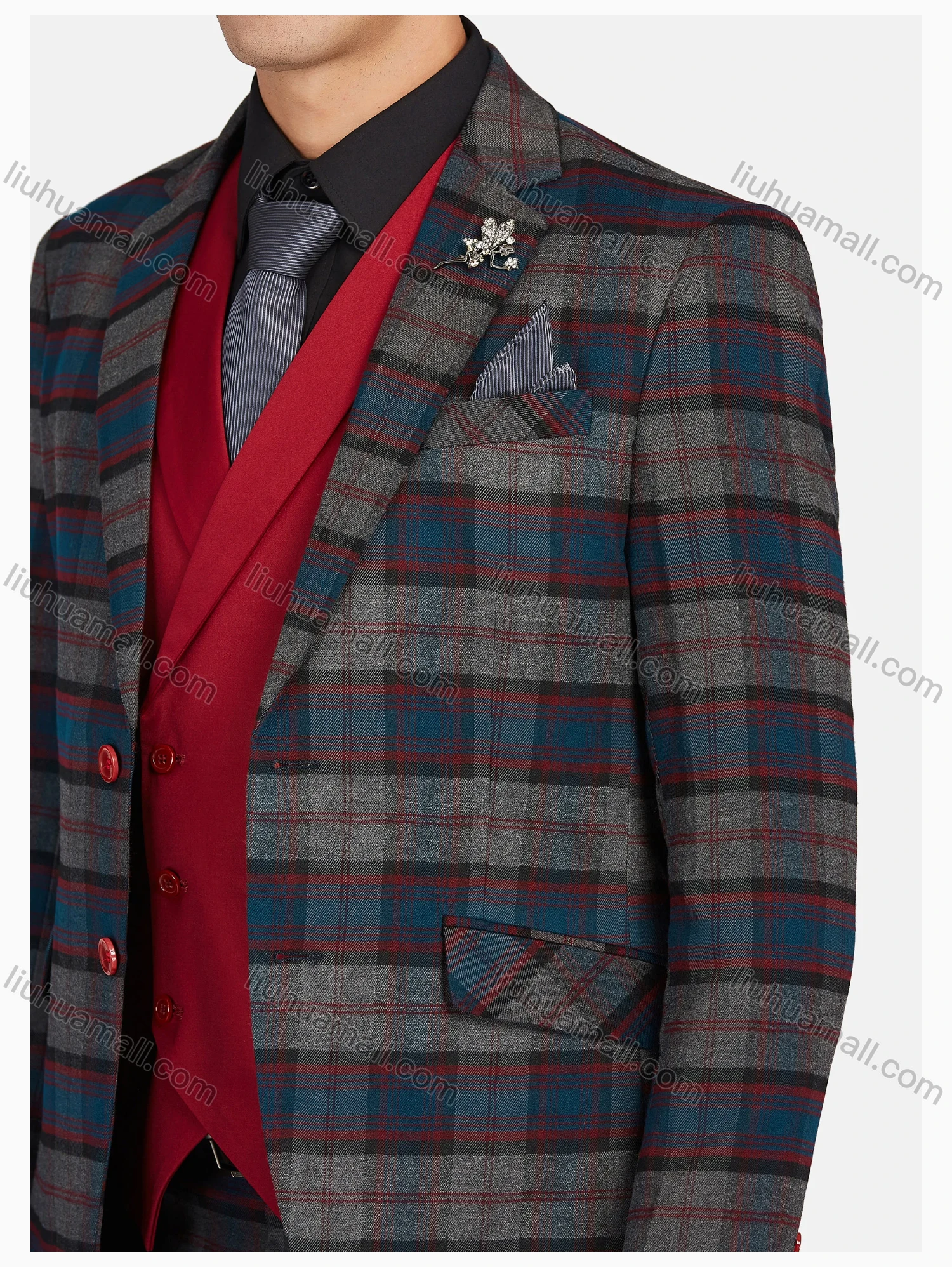 Wholesale Men's Formal Lapel Plaid Pockets Blazer & Waistcoat & Pant 3 Pieces Suit Sets - Liuhuamall