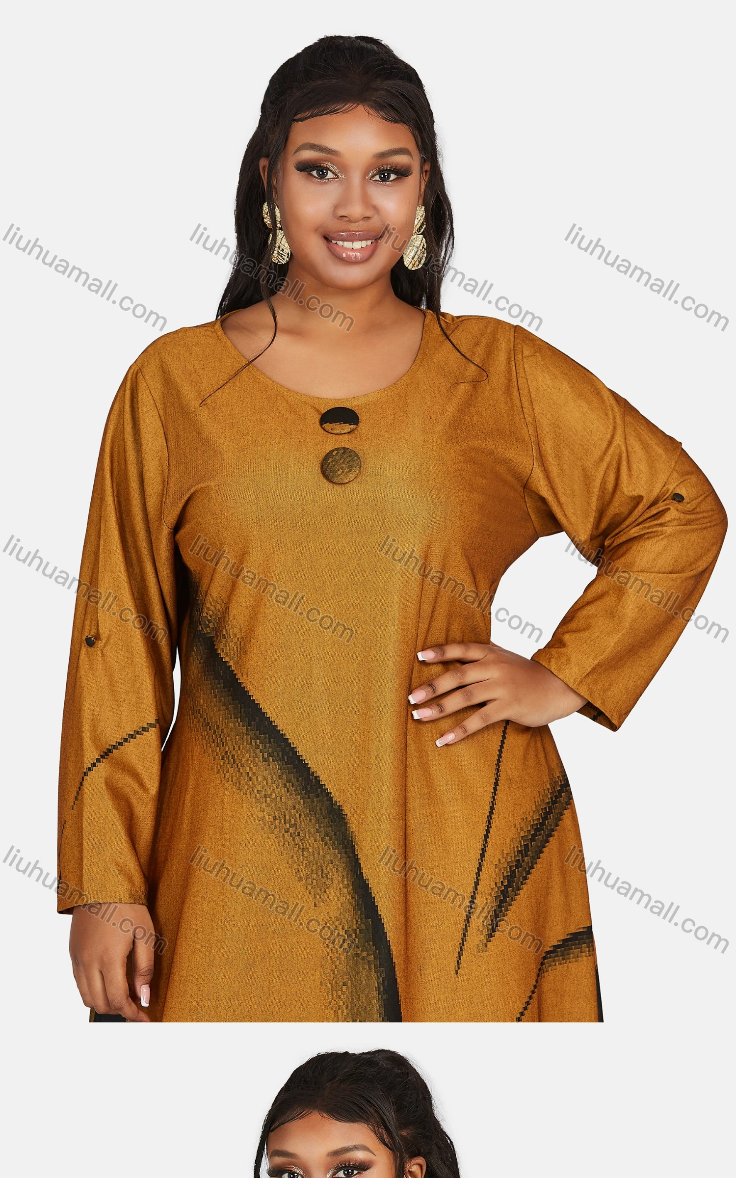 Wholesale Women's Vintage Plus Size Long Sleeve Abstract Print Maxi Dress - Liuhuamall