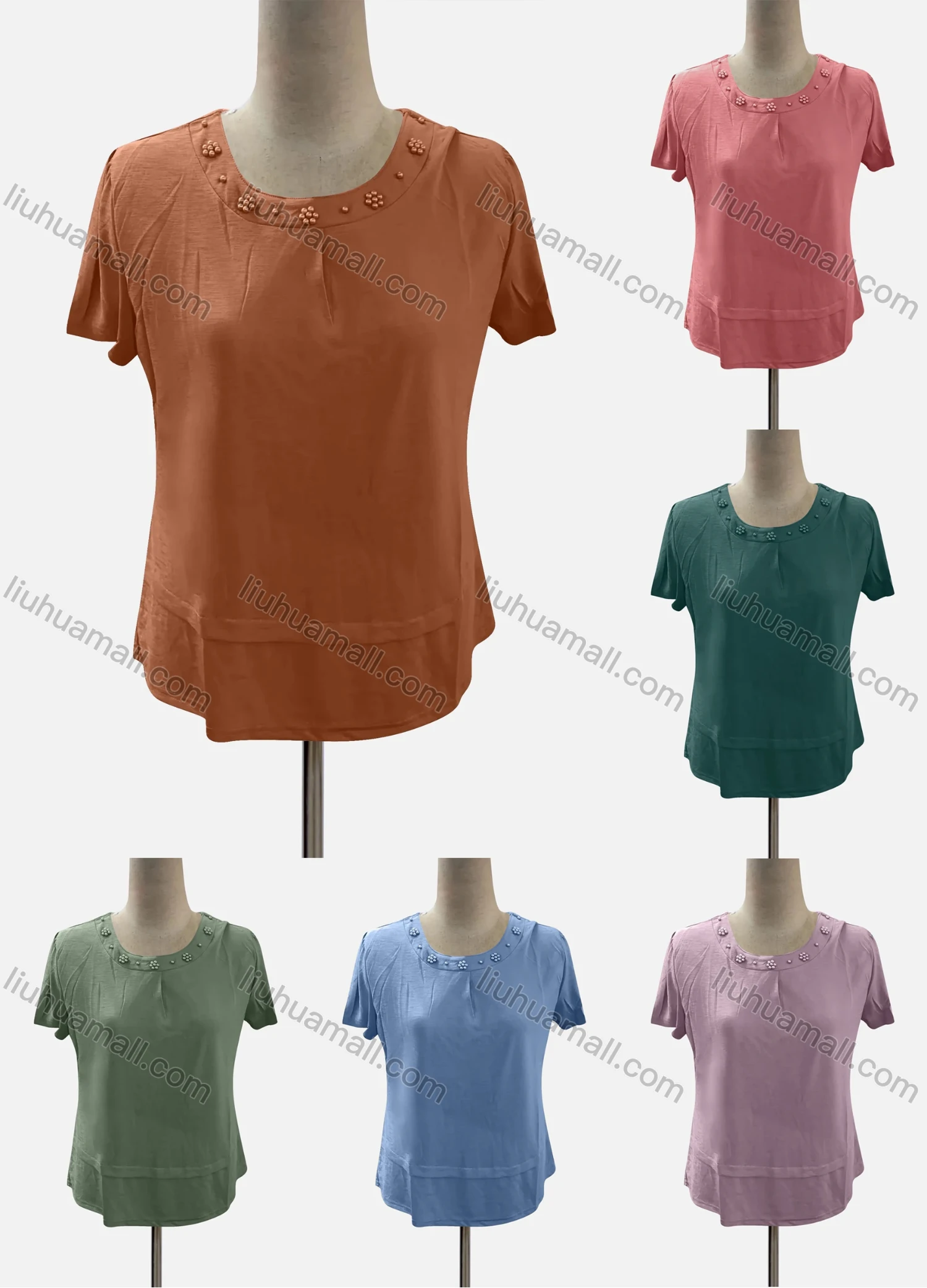 Wholesale Women's Casual Crew Neck Short Sleeve Beaded Blouse - Liuhuamall
