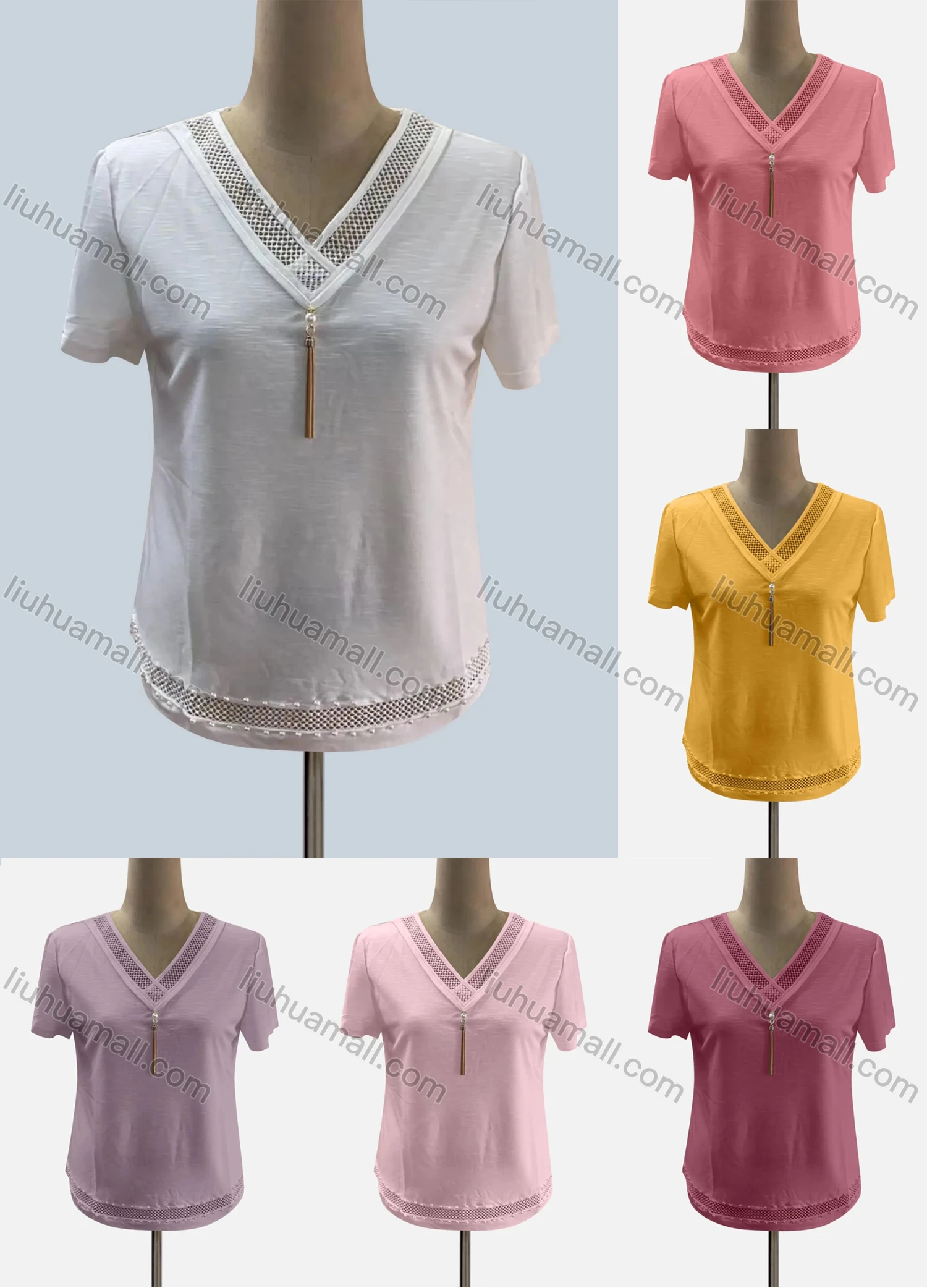 Wholesale Women's Casual Crew Neck Short Sleeve Decro Blouse - Liuhuamall