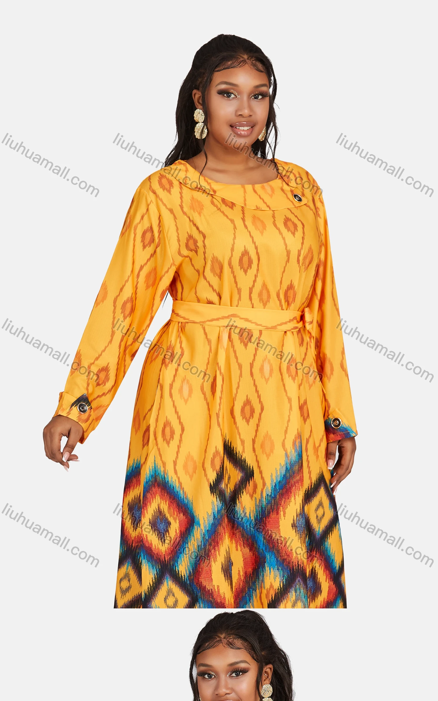 Wholesale Women's Vintage Plus Size Long Sleeve Retro Print Maxi Dress With Belt - Liuhuamall