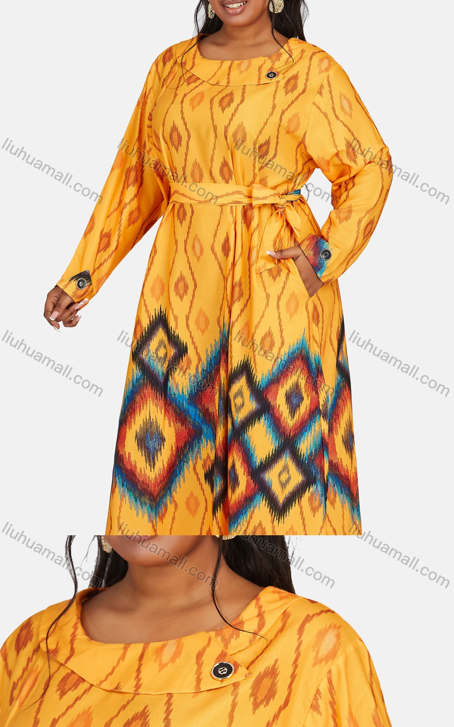 Wholesale Women's Vintage Plus Size Long Sleeve Retro Print Maxi Dress With Belt - Liuhuamall