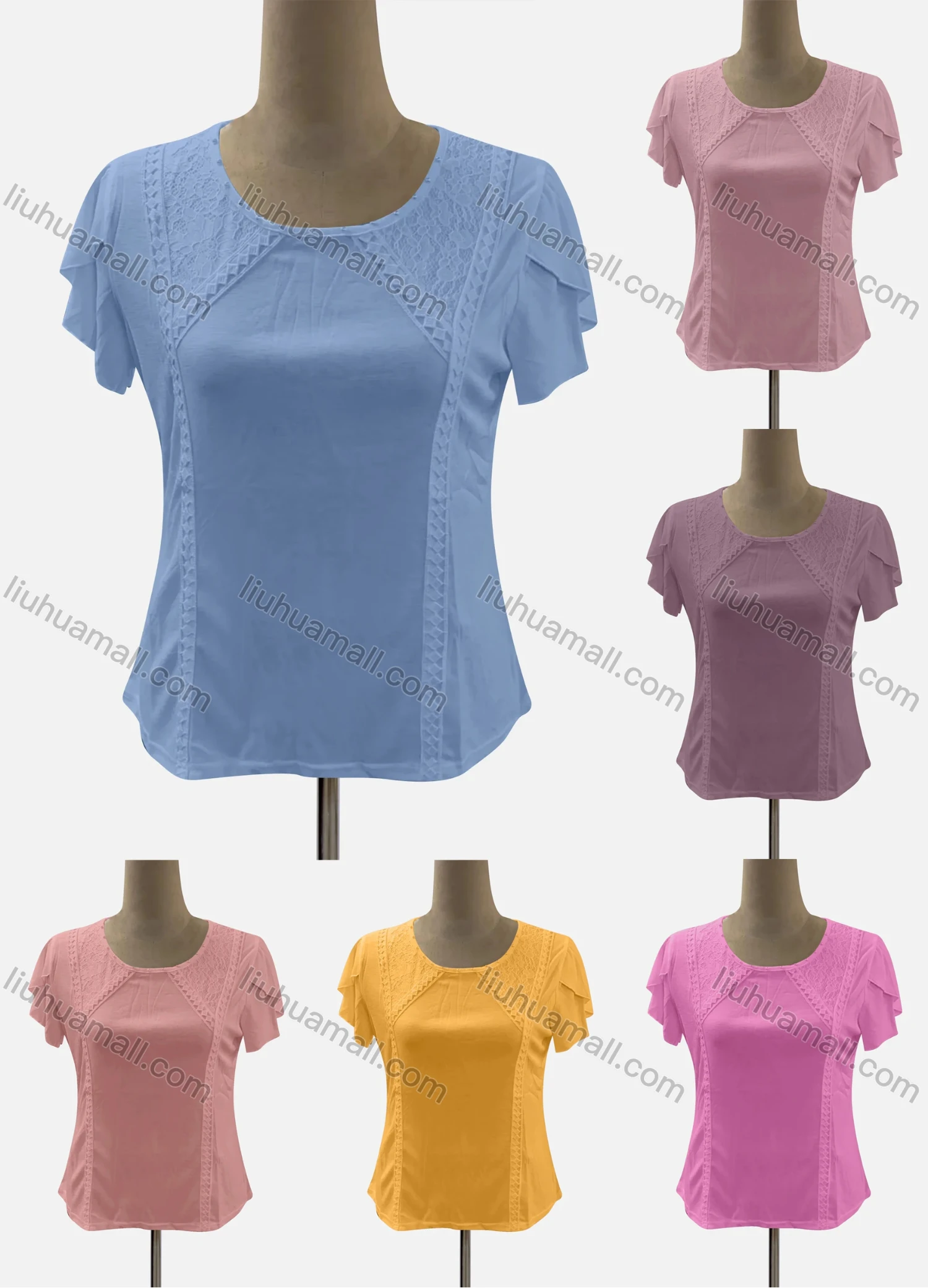 Wholesale Women's Casual Crew Neck Petal Sleeve Lace Blouse - Liuhuamall