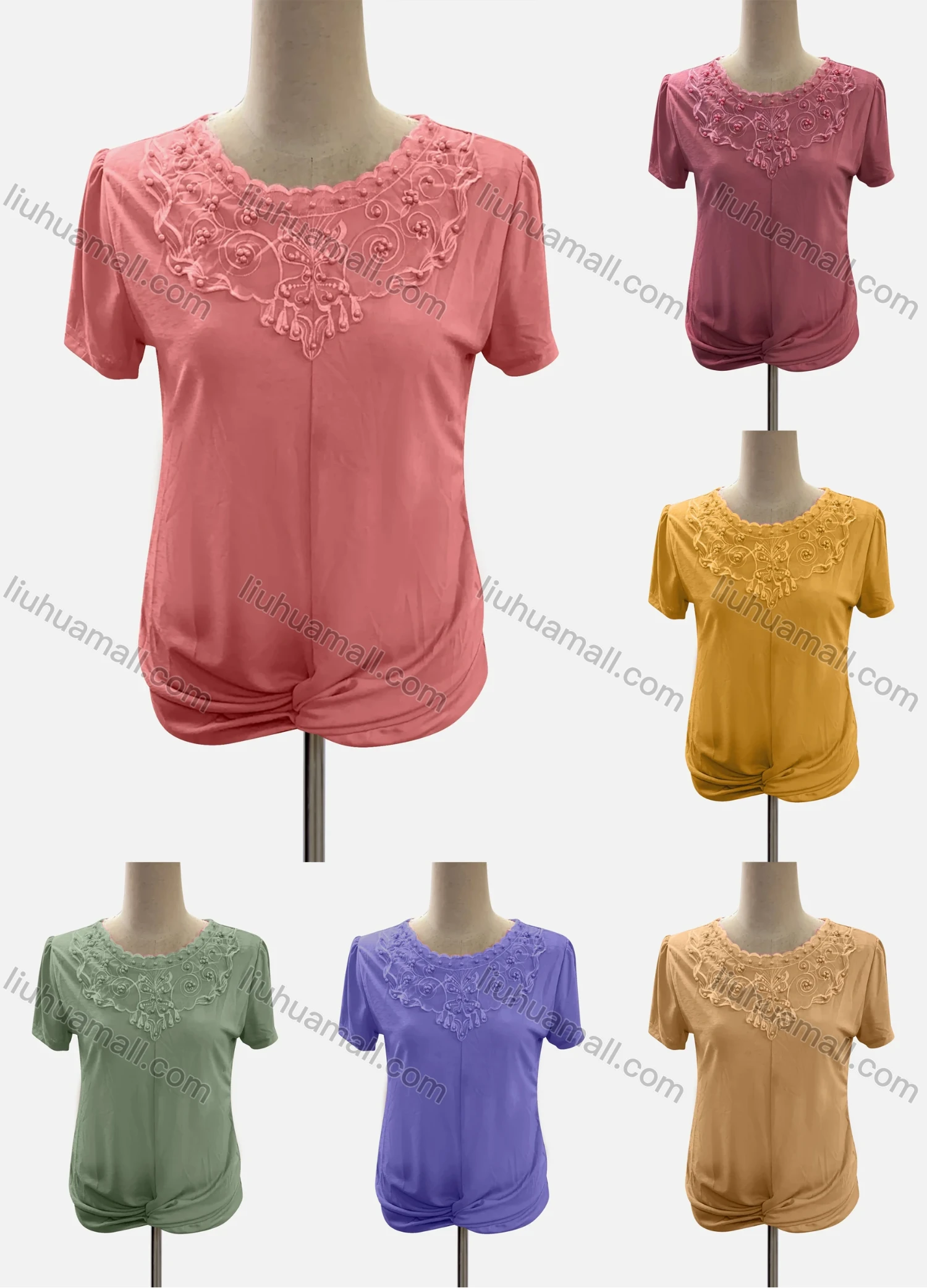 Wholesale Women's Casual Crew Neck Short Sleeve Lace Beaded Twist Blouse - Liuhuamall