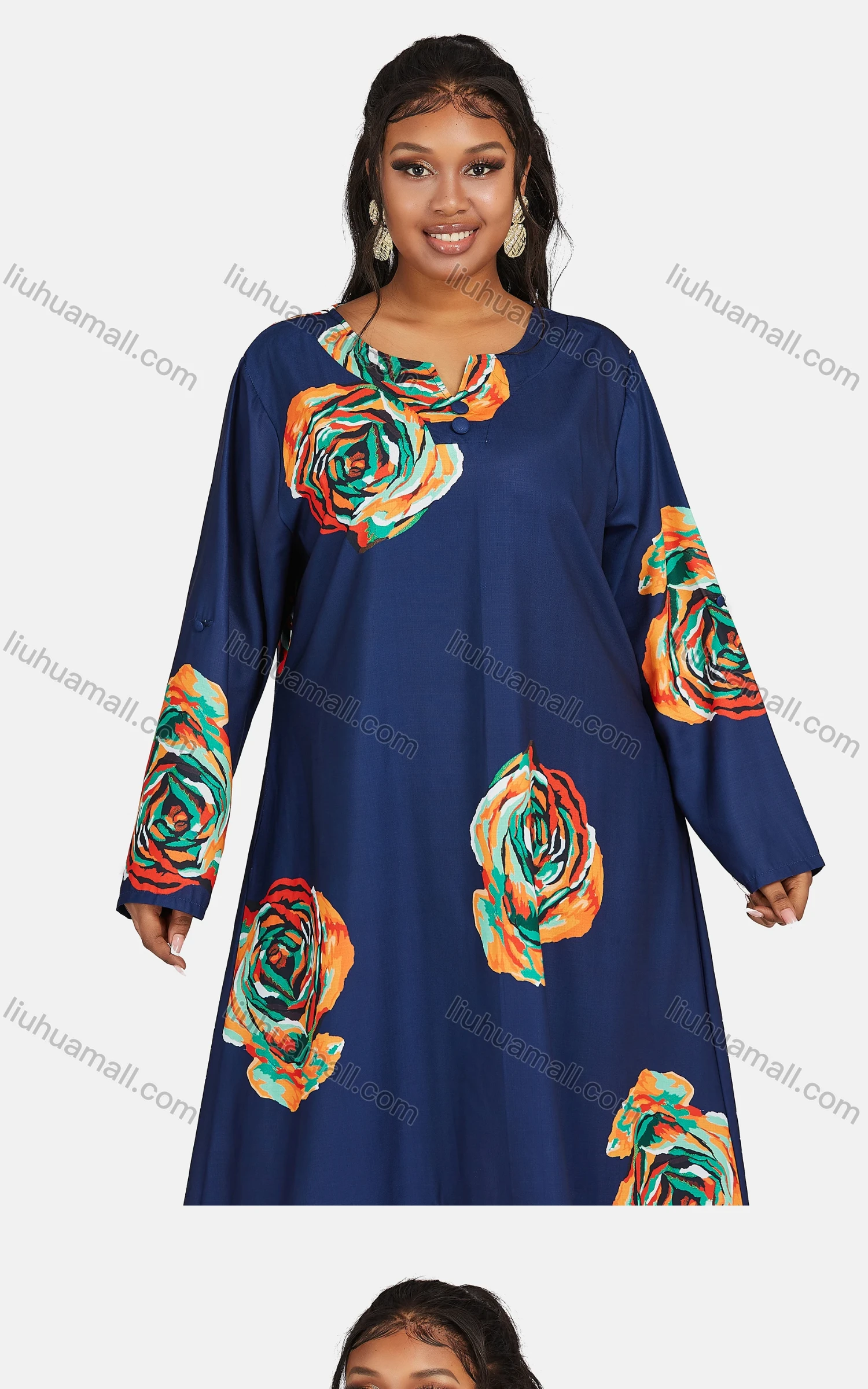 Wholesale Women's Vintage Plus Size Notched Neck Long Sleeve Floral Print Button Decor Maxi Dress - Liuhuamall