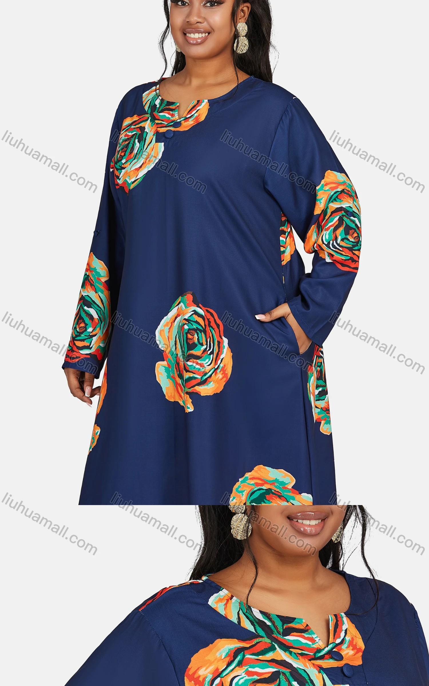 Wholesale Women's Vintage Plus Size Notched Neck Long Sleeve Floral Print Button Decor Maxi Dress - Liuhuamall