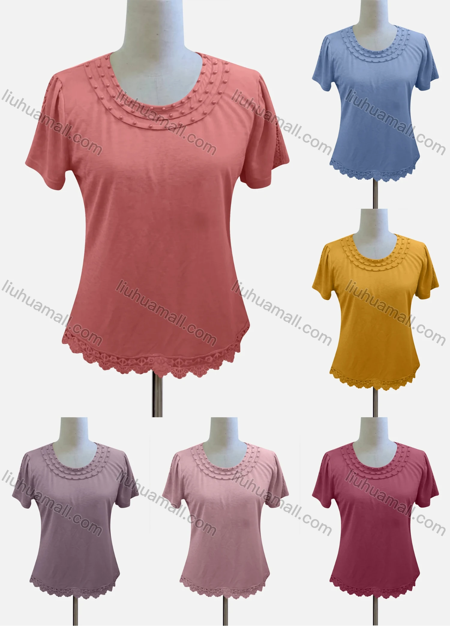 Wholesale Women's Casual Crew Neck Short Sleeve Beaded Blouse - Liuhuamall