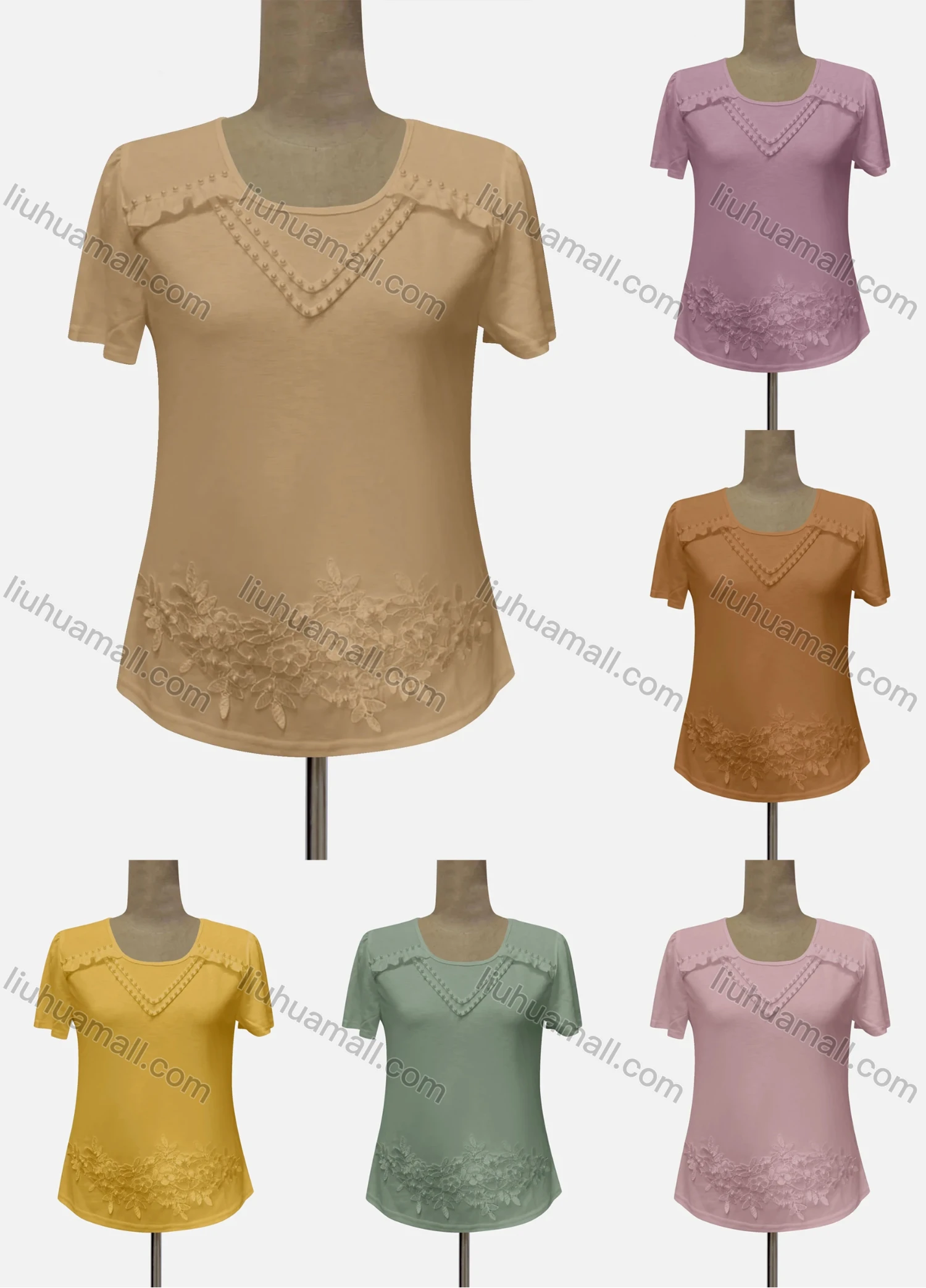 Wholesale Women's Casual Crew Neck Short Sleeve Appliques Ruffle Trim Beaded Blouse - Liuhuamall