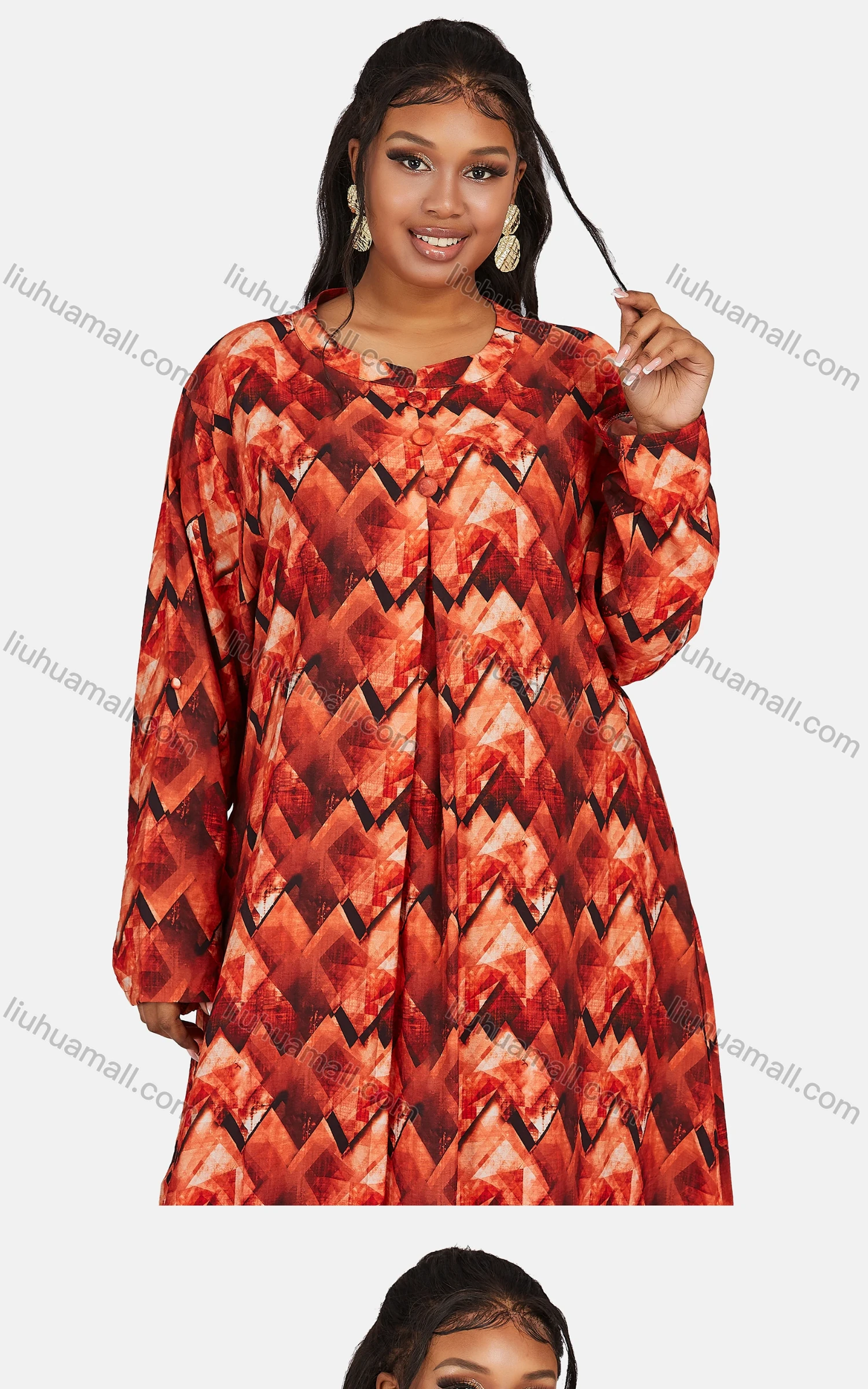 Wholesale Women's Vintage Plus Size Crew Neck Lantern Sleeve Geometric Print Maxi Dress - Liuhuamall