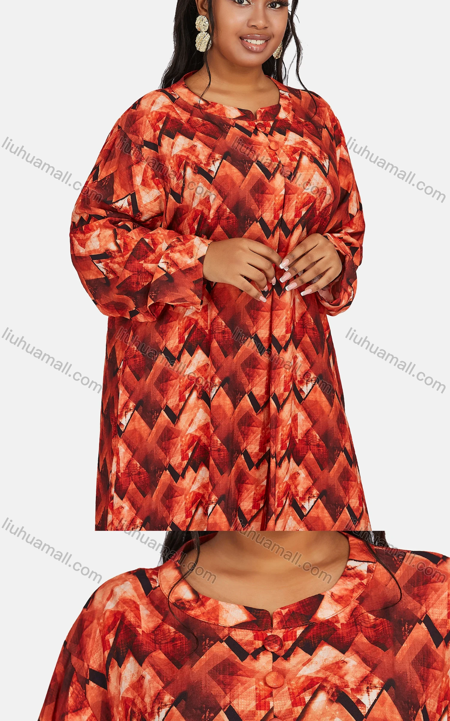 Wholesale Women's Vintage Plus Size Crew Neck Lantern Sleeve Geometric Print Maxi Dress - Liuhuamall