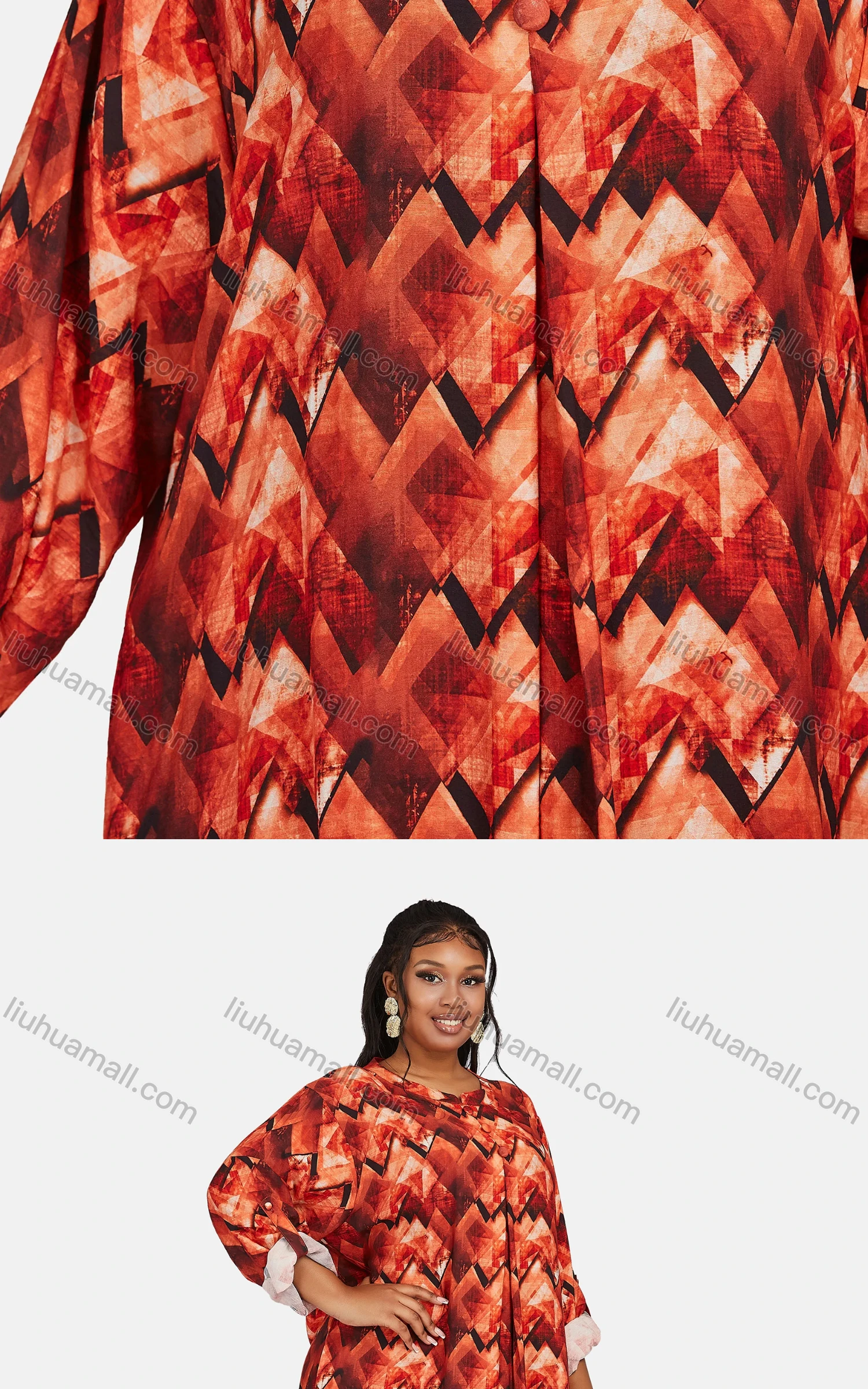 Wholesale Women's Vintage Plus Size Crew Neck Lantern Sleeve Geometric Print Maxi Dress - Liuhuamall