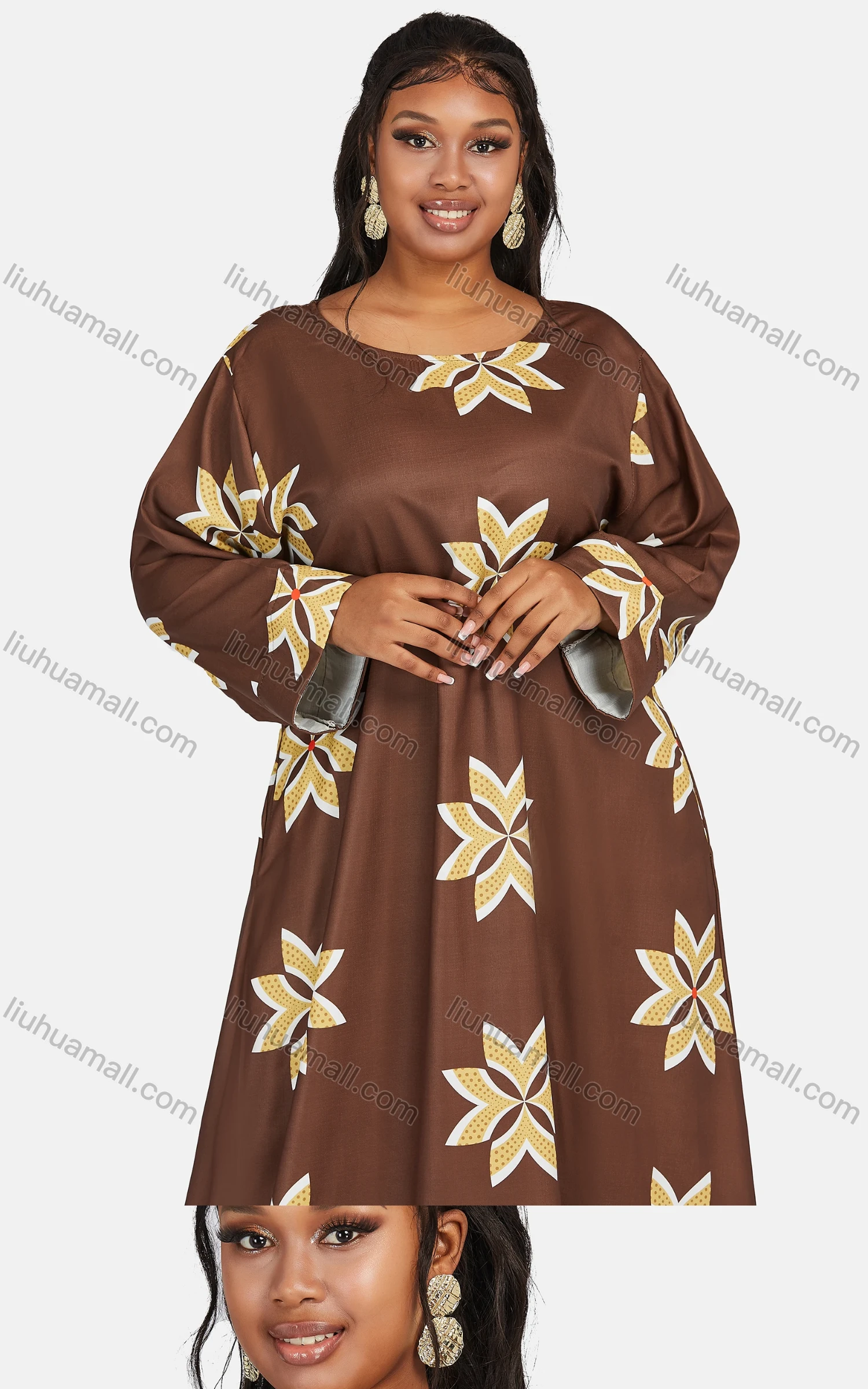 Wholesale Women's Vintage Plus Size Crew Neck Long Sleeve Geometric Print Maxi Dress - Liuhuamall