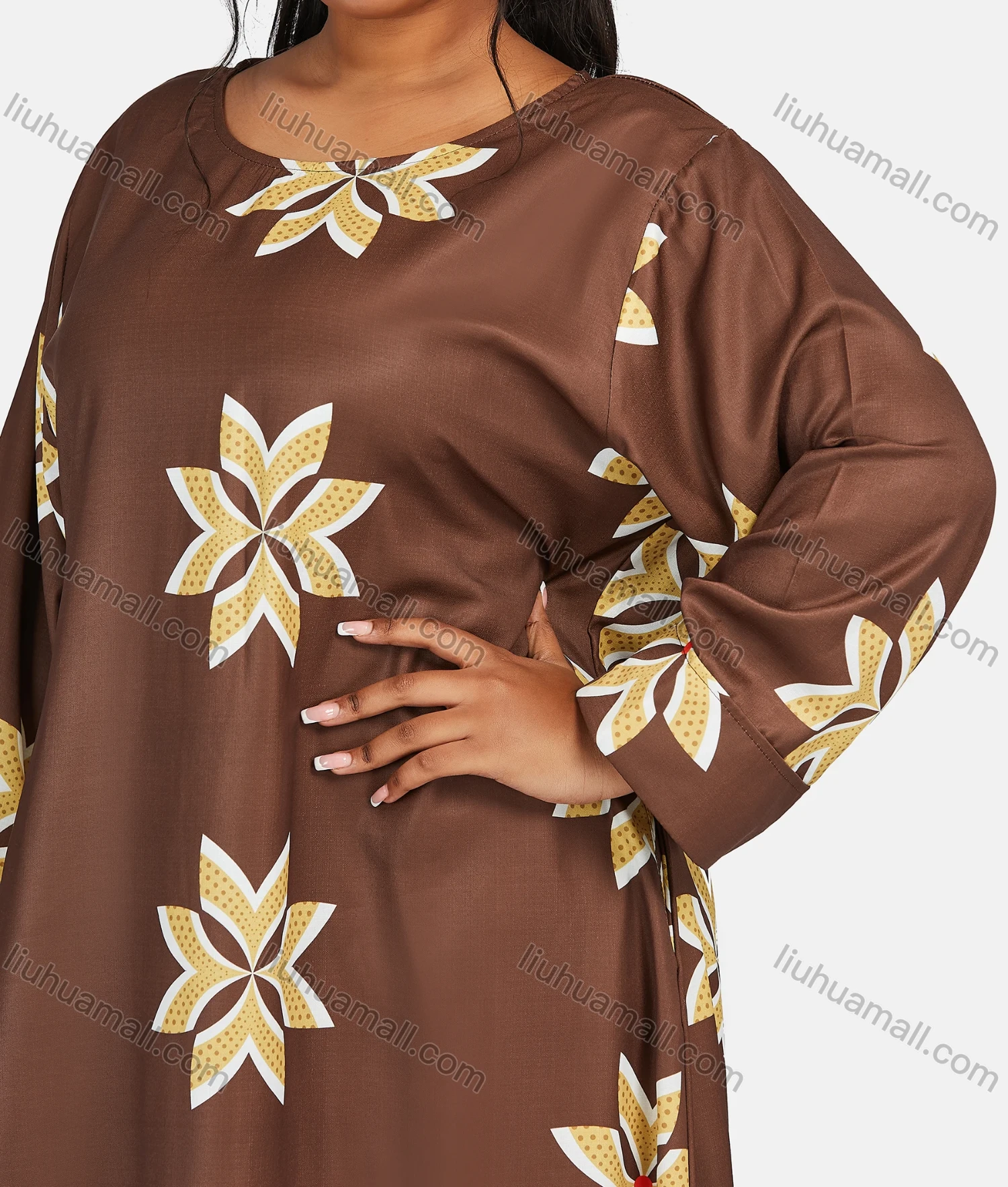 Wholesale Women's Vintage Plus Size Crew Neck Long Sleeve Geometric Print Maxi Dress - Liuhuamall