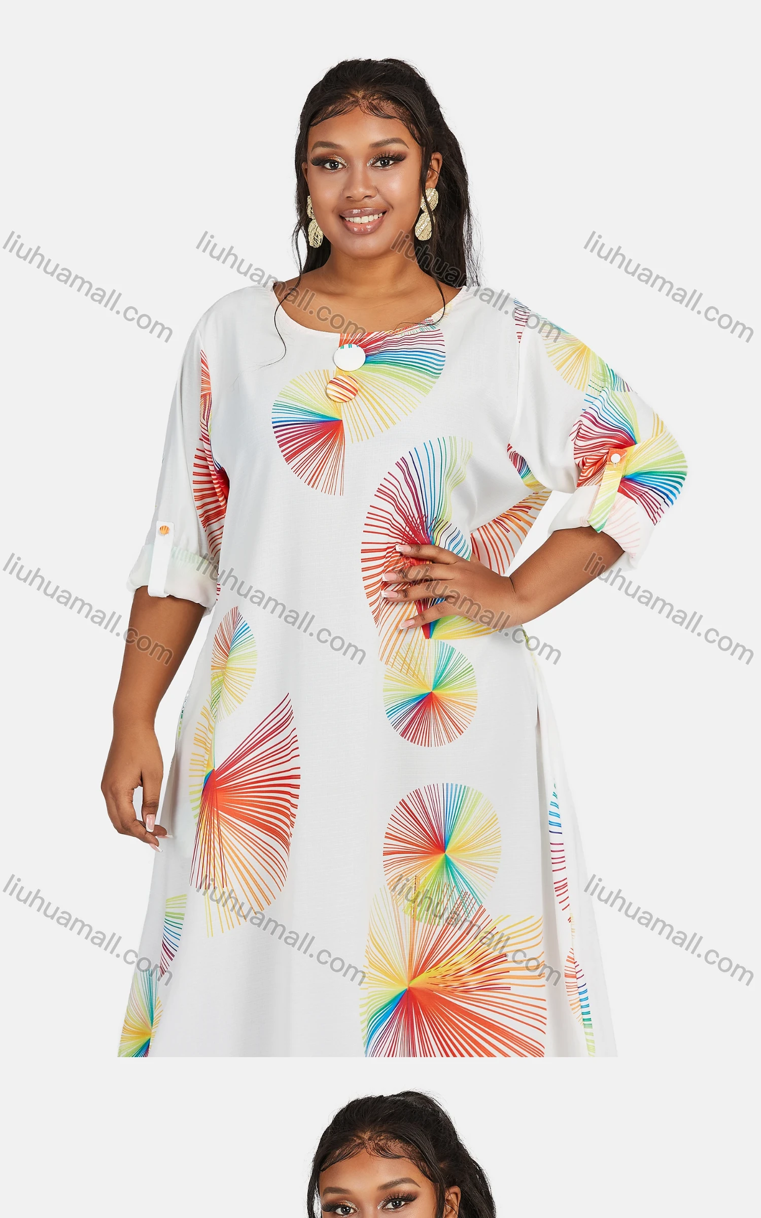 Wholesale Women's Vintage Plus Size Crew Neck Long Sleeve Geometric Print Maxi Dress - Liuhuamall