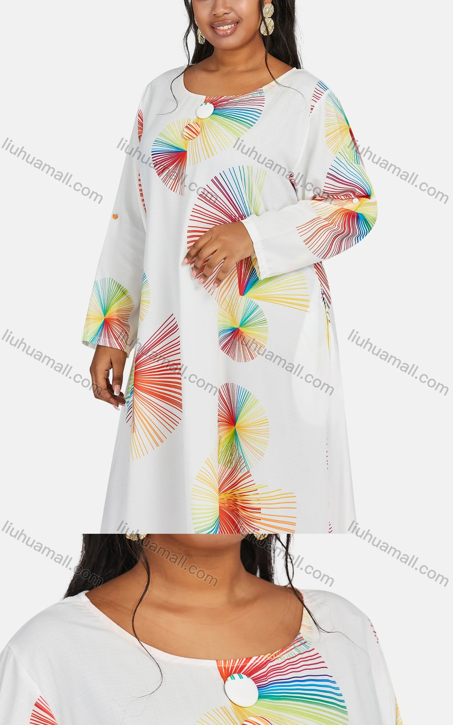 Wholesale Women's Vintage Plus Size Crew Neck Long Sleeve Geometric Print Maxi Dress - Liuhuamall