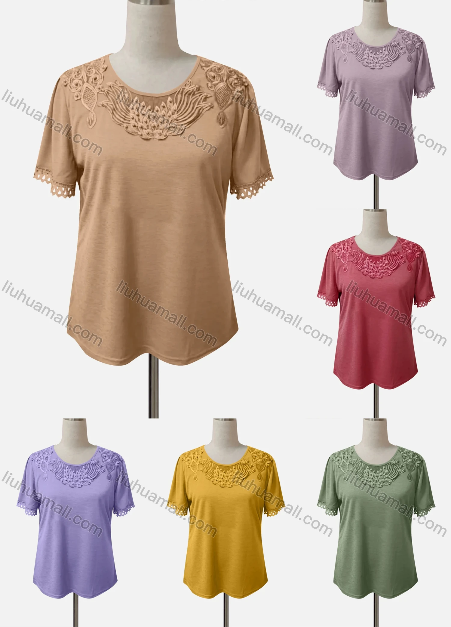 Wholesale Women's Casual Crew Neck Short Sleeve Appliques Hollow Out Blouse - Liuhuamall