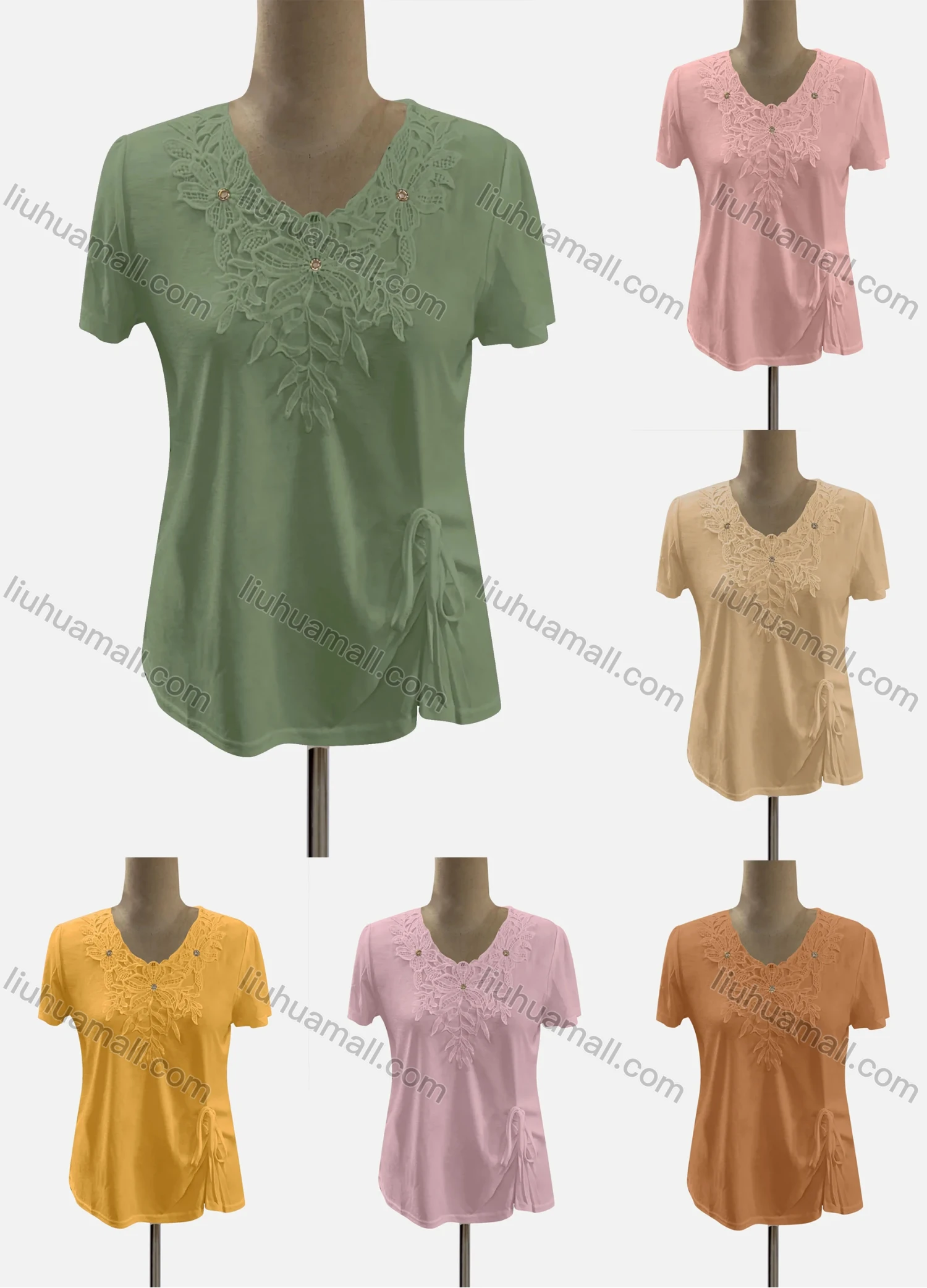 Wholesale Women's Casual V Neck Short Sleeve Appliques Blouse - Liuhuamall