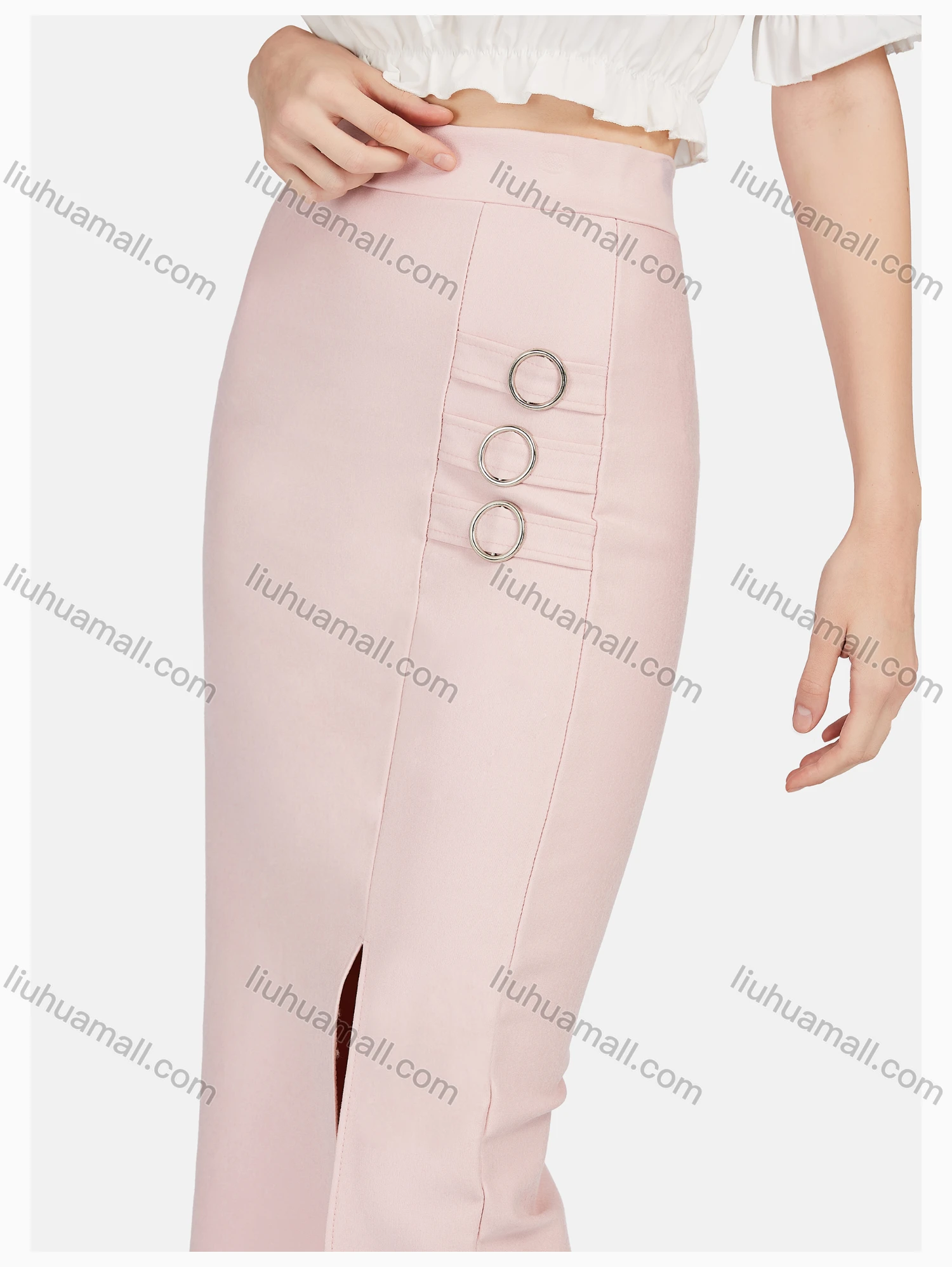 Wholesale Women's Causal Plain Ring Decor Split Front Bodycon Skirt - Liuhuamall