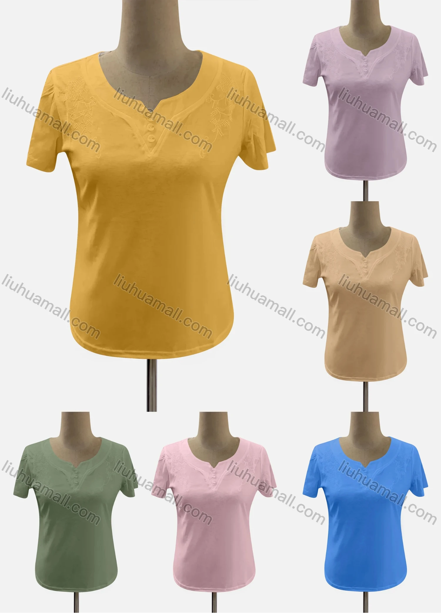 Wholesale Women's Casual Notched Neck Short Sleeve Embroidered Blouse - Liuhuamall