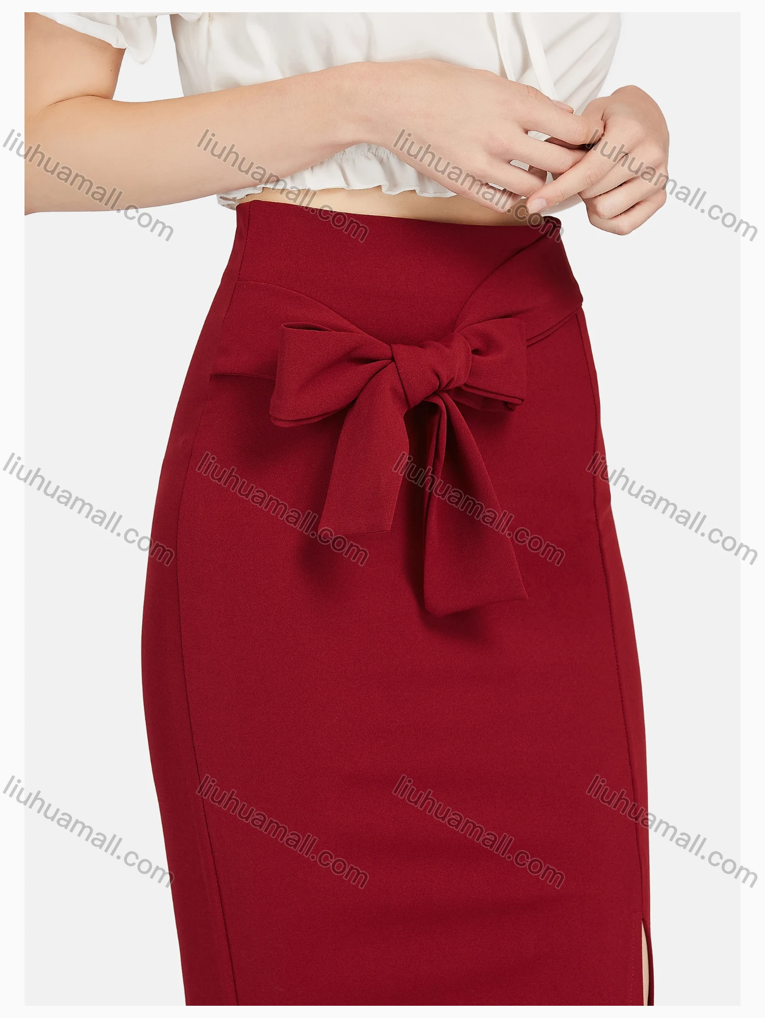 Wholesale Women's Causal Plain Tie Front Side Slit High Waist Bodycon Skirt - Liuhuamall