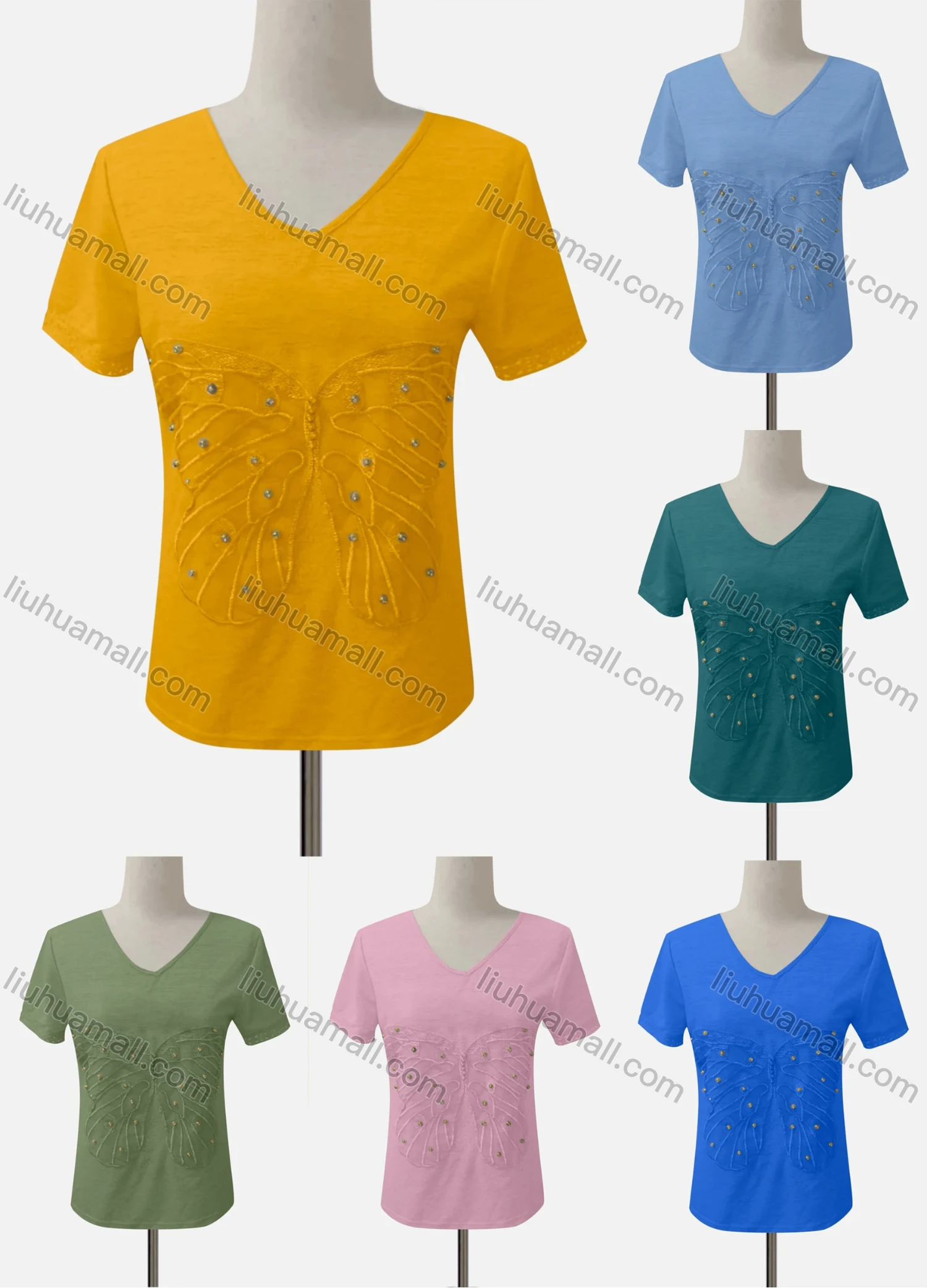 Wholesale Women's Casual V Neck Short Sleeve Embroidered Blouse - Liuhuamall