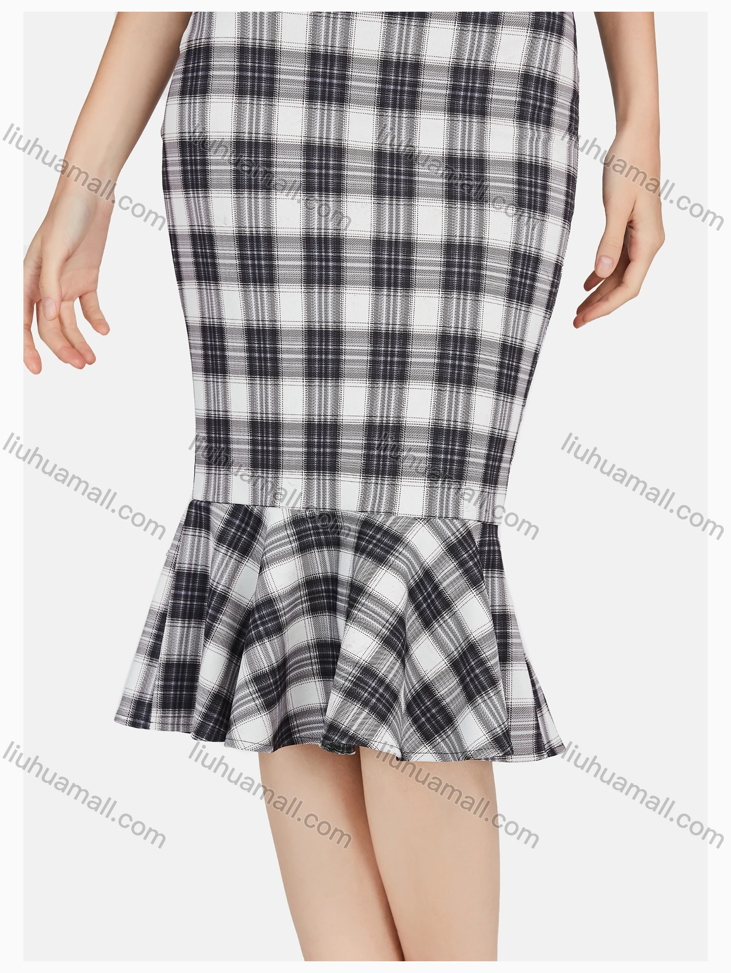 Wholesale Women's Casual Gingham Print Ruffle Hem High Waist Knee Length Bodycon Skirt - Liuhuamall