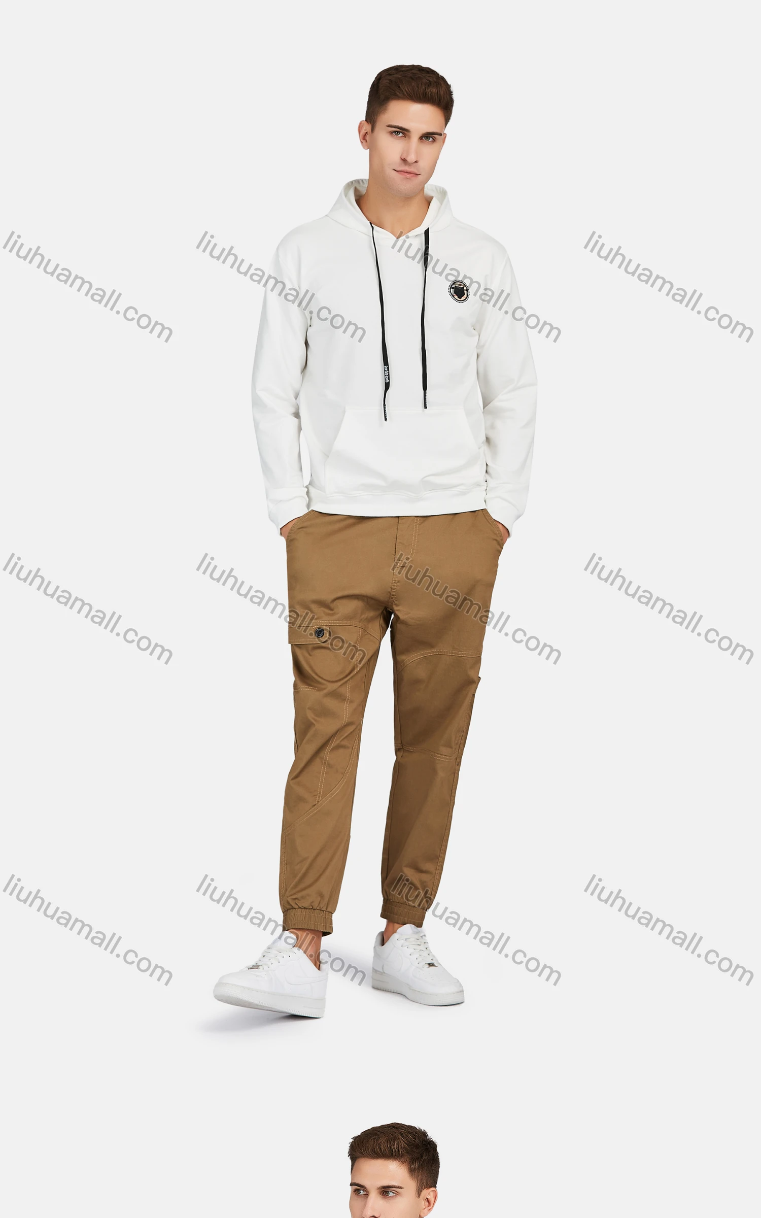 Wholesale Men's Casual Long Sleeve Patch Label Drawstring Hooded Sweatshirt - Liuhuamall